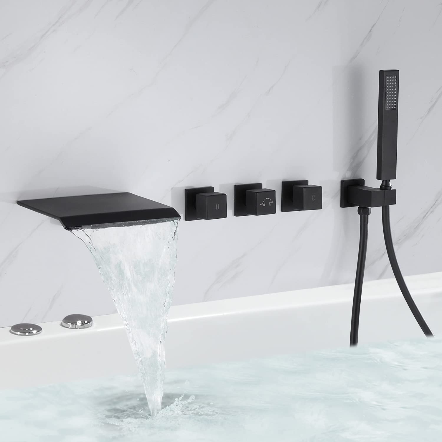 BANGPU Roman Tub Faucet Wall Mount Waterfall Tub Filler - 5 Hole Matte Black 3 Handle Bathroom Bathtub Faucet with Modern Waterfall Spout - Perfect for Luxury Bathrooms & Spa Retreats