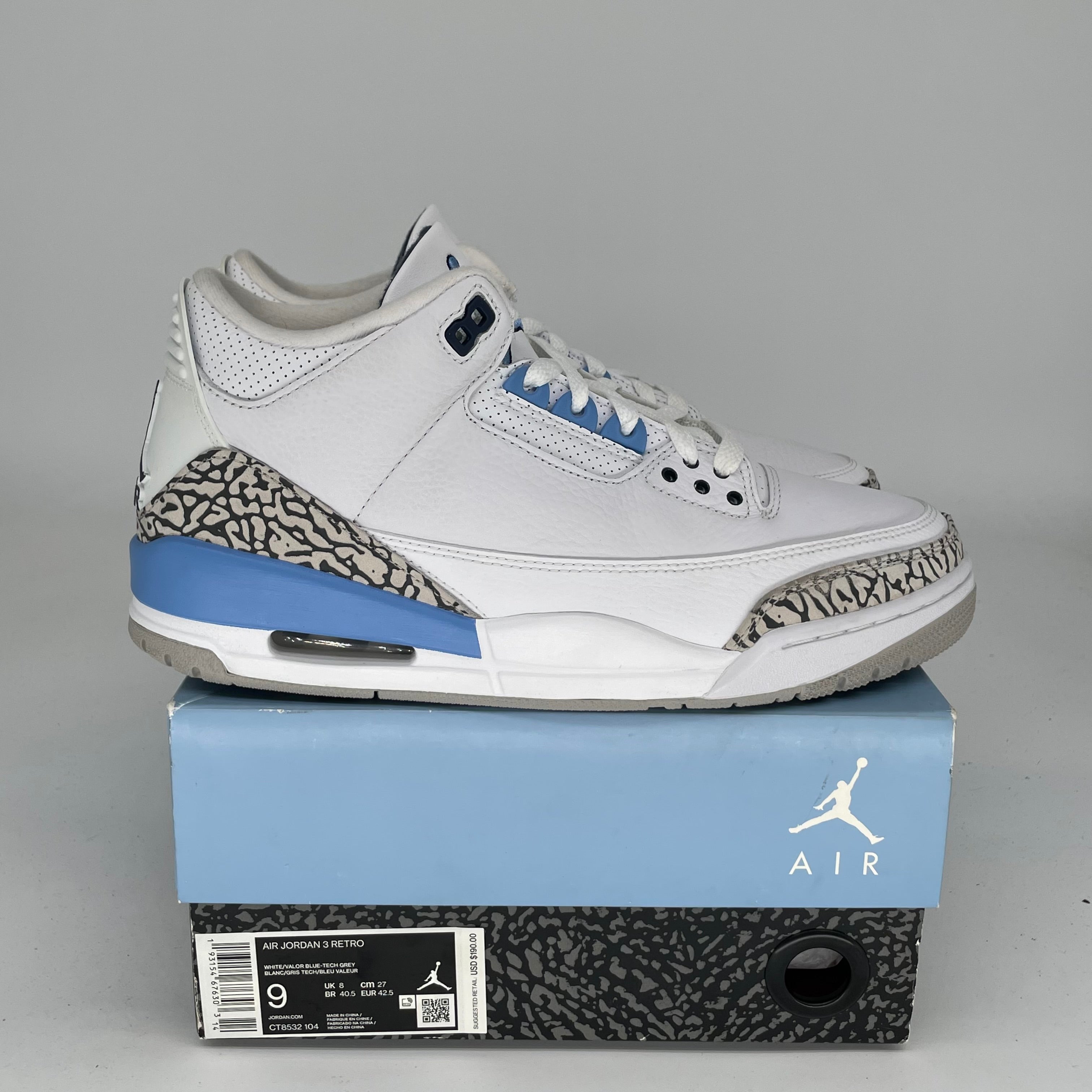 AIR JORDAN 3 UNC Men's Basketball Shoes - Size 9 (CT8532-104) - Authentic Retro Sneakers for Casual Wear & Sports Performance