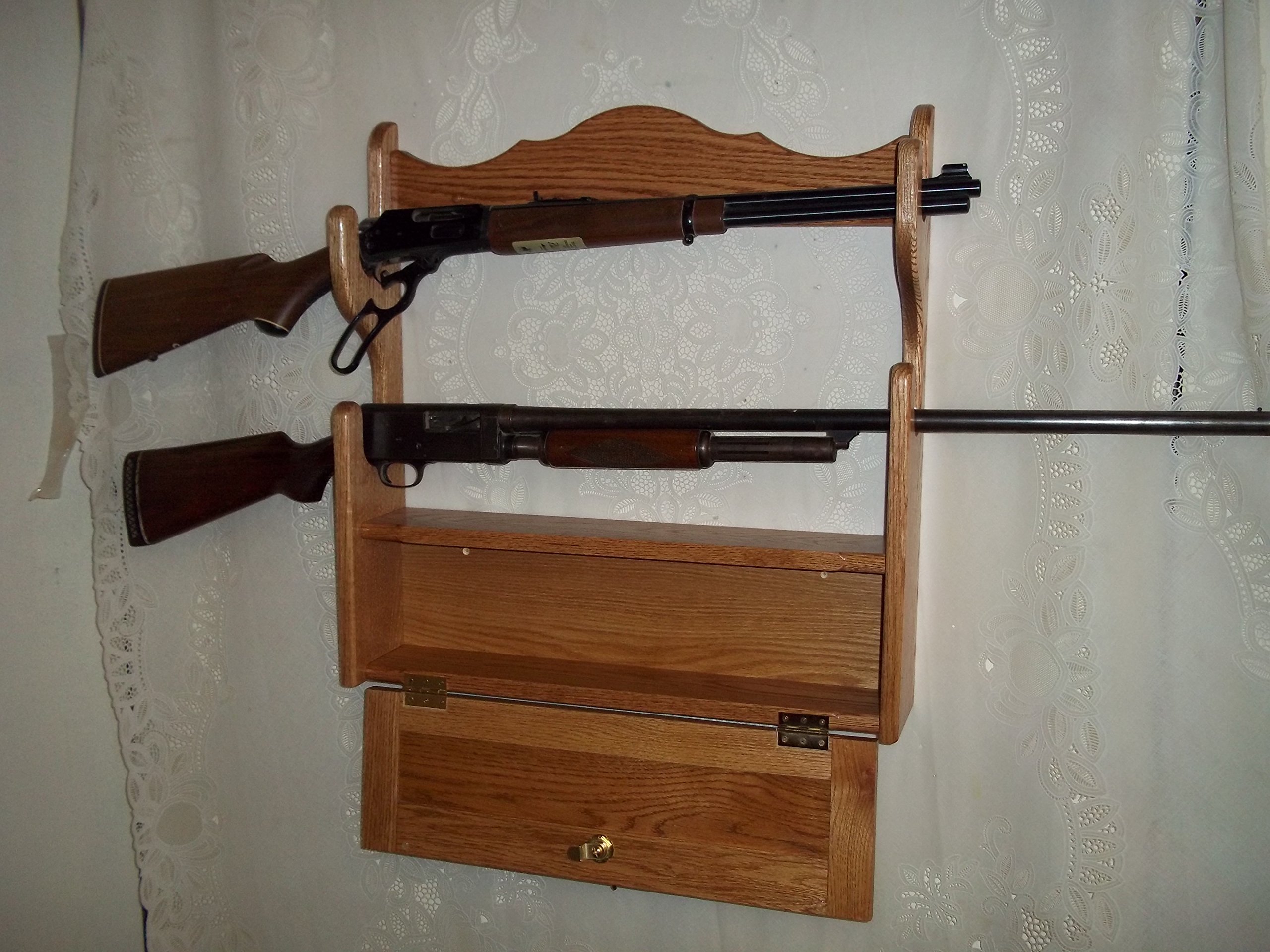 2 Gun Rack with Locking Storage Compartment - Golden Oak Finish | Secure Wall Mounted Rifle Holder for Home & Cabin Protection | Perfect for Hunting, Shooting Range & Firearm Storage