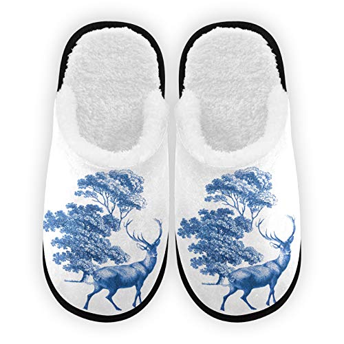 Men's & Women's Blue Elk Plush Lining Slippers - Ultra Soft Coral Fleece Indoor/Outdoor House Shoes for Winter Warmth & Comfort | Perfect for Home, Spa, and Relaxation
