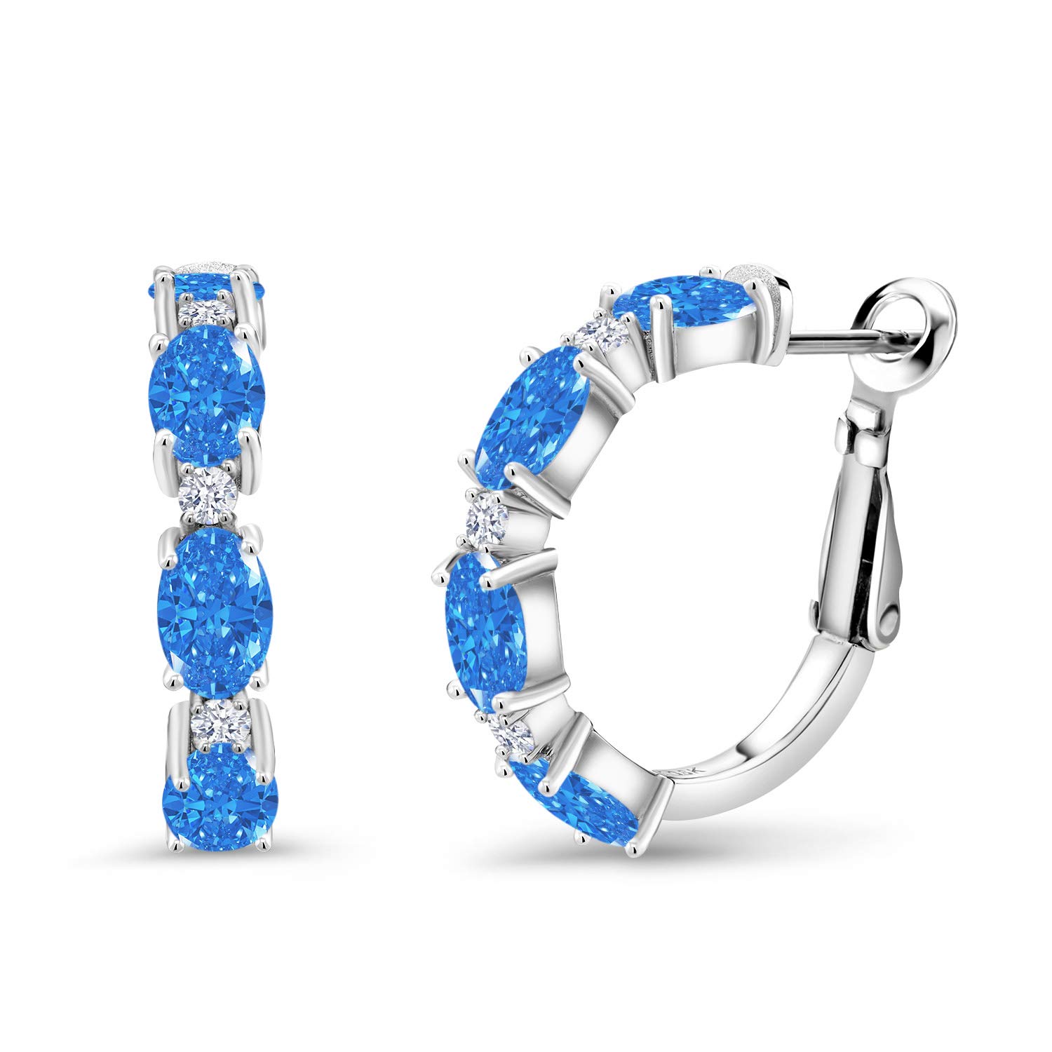 925 Sterling Silver Hoop Earrings with Blue Zirconia - 6x4mm Gemstone King Set | Elegant Jewelry for Women, Perfect for Parties, Weddings & Everyday Wear
