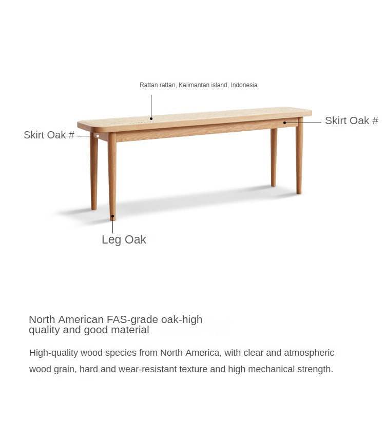 Solid Oak Wood Rattan Bench - Rustic Entryway, Patio, or Garden Seating - Handwoven Wicker Design for Indoor and Outdoor Use