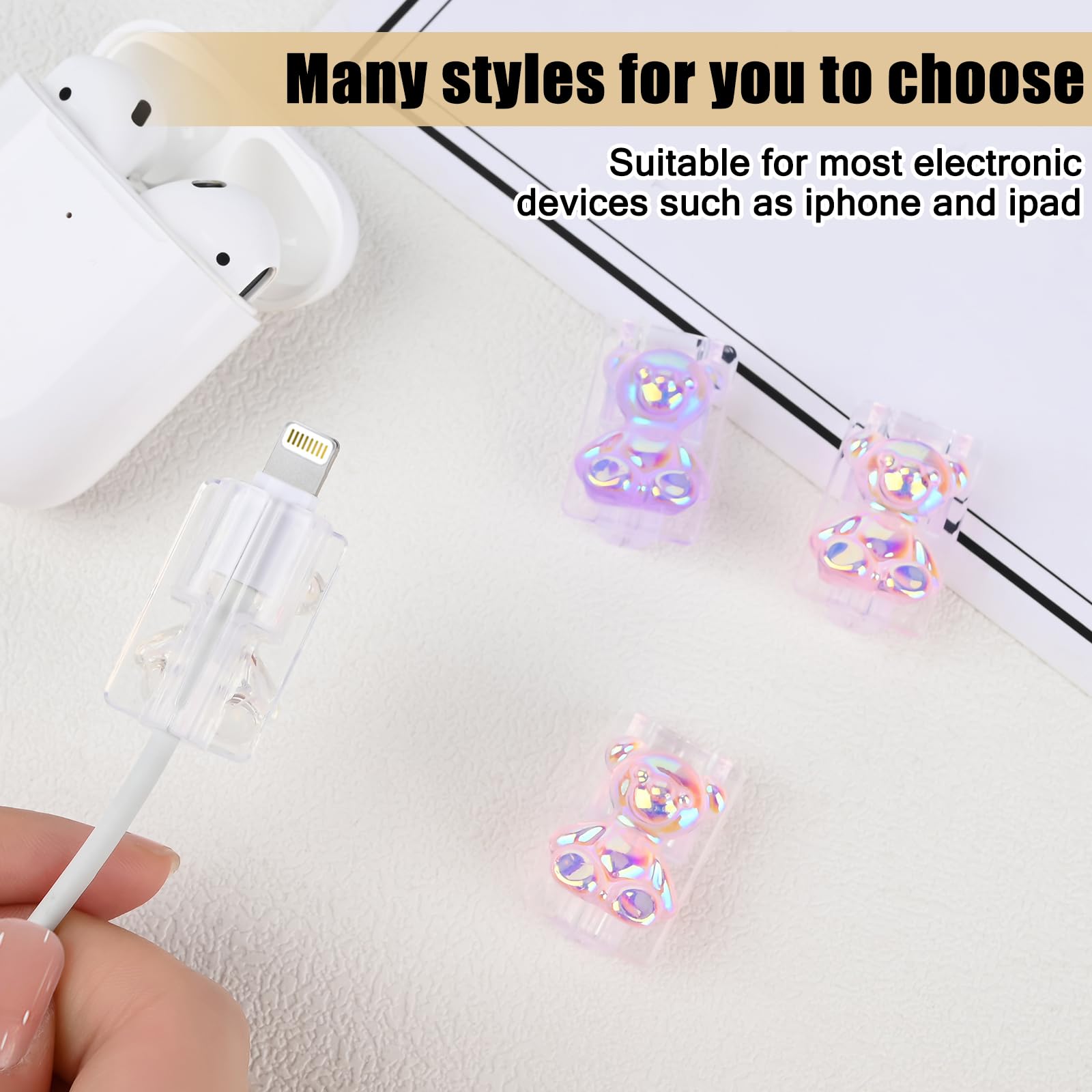 DiyGody 4-Pack 3D Cartoon Bear Cable Protector for iPhone & Android - Cute Shiny Bear Design, Universal Fit for USB-C & Lightning Cables - Perfect for Home, Office & Travel Accessories