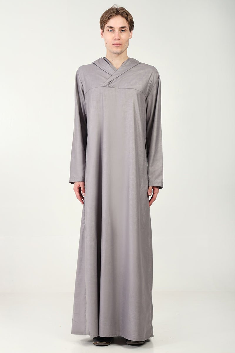 Men's Casual Polyester Poplin Thobe with Overlap Neck & Attached Hoodie - Grey | Comfortable Islamic Robe for Daily Wear & Prayer | Perfect for Home, Mosque & Outdoor Activities