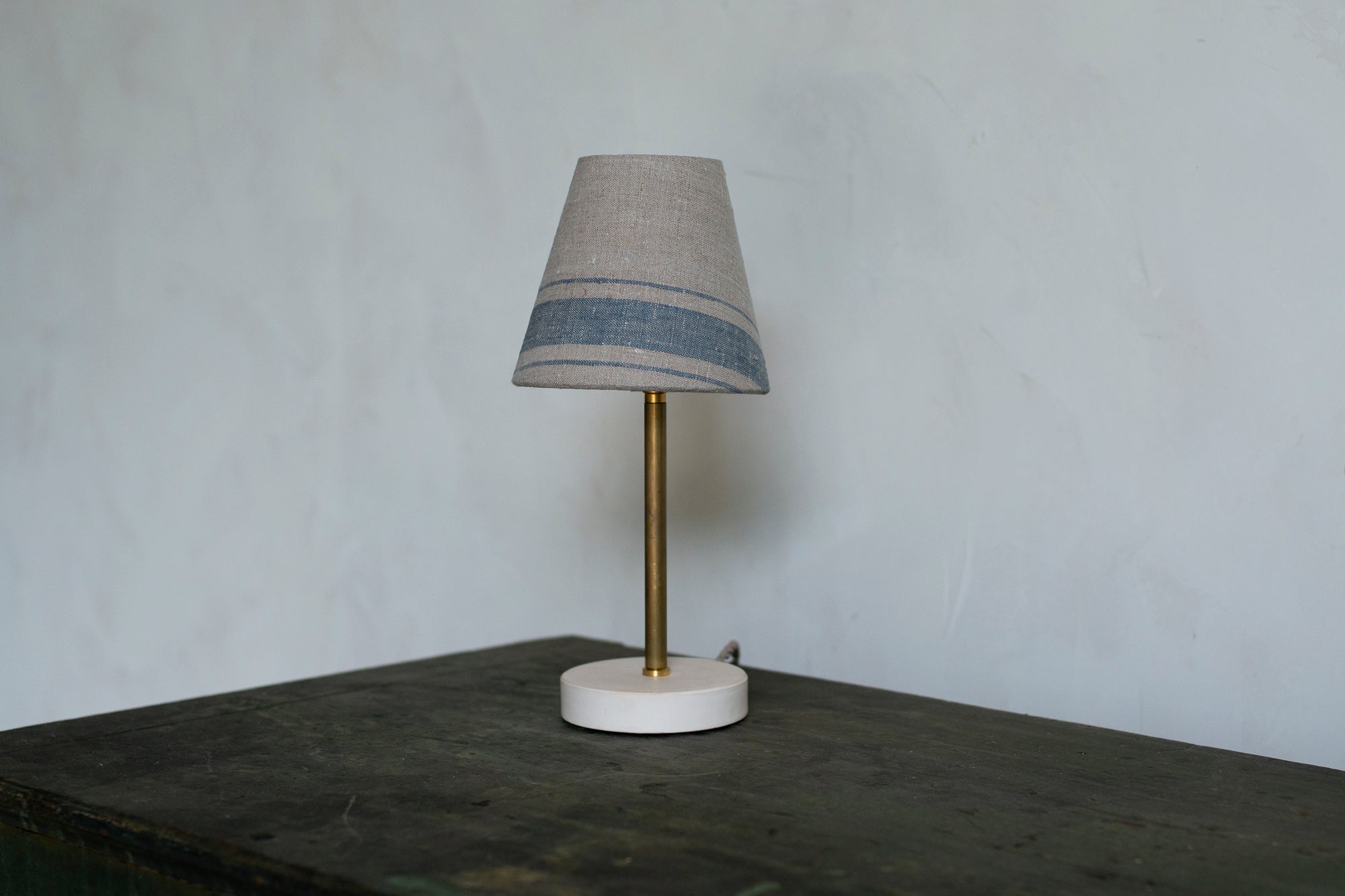 Rustic Linen Surface Lamp with Blue Stripe - Vintage Style Table Lamp for Bedroom, Living Room & Office Decor