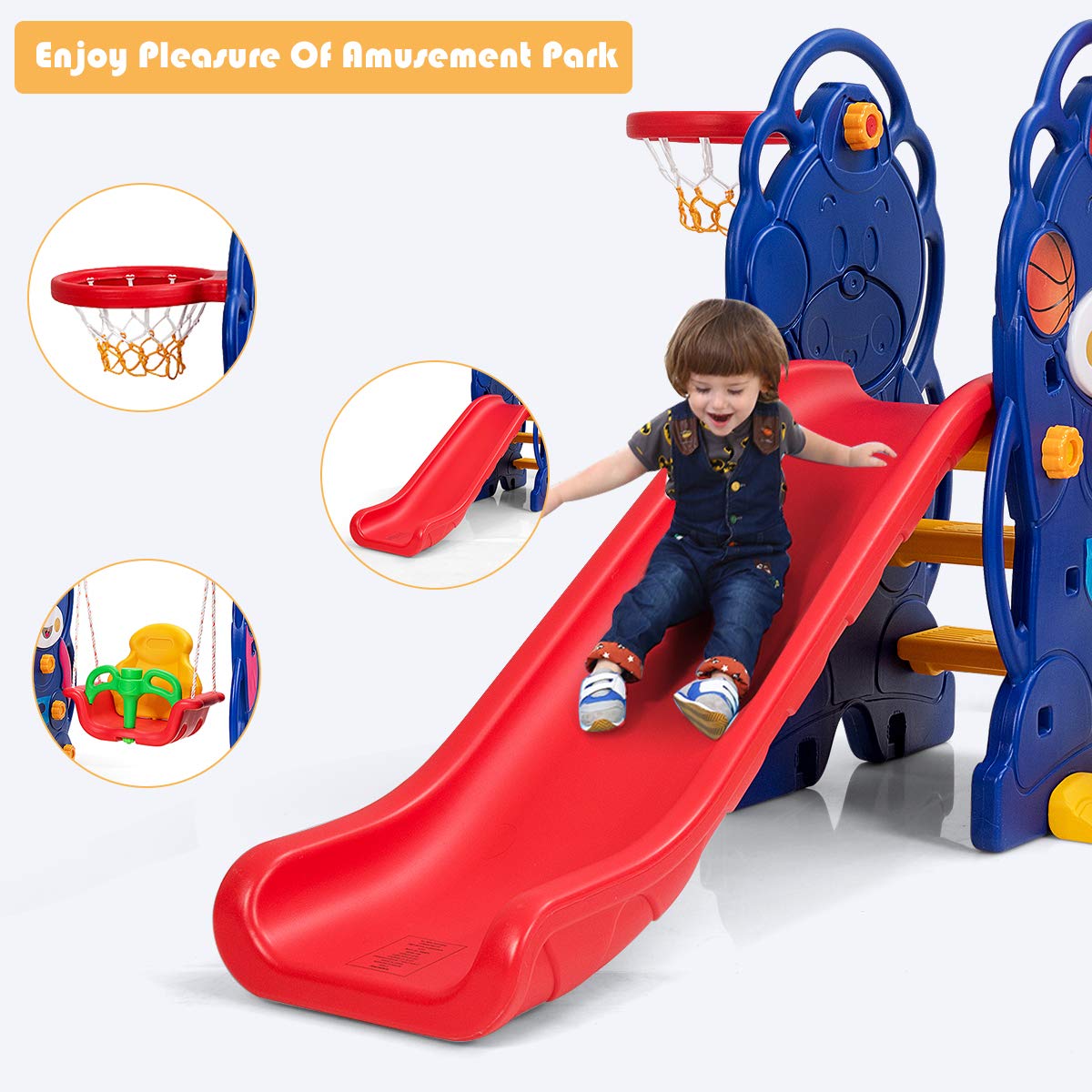 Costzon 3-in-1 Toddler Swing and Slide Playset with Basketball Hoop - Large Outdoor Climber Set for Kids Ages 3-10 - Sturdy Long Slide, Safety Stairs & Thickened Panels - Perfect for Backyard, Garden & Indoor Play - Great Birthday & Holiday Gift for Boys & Girls