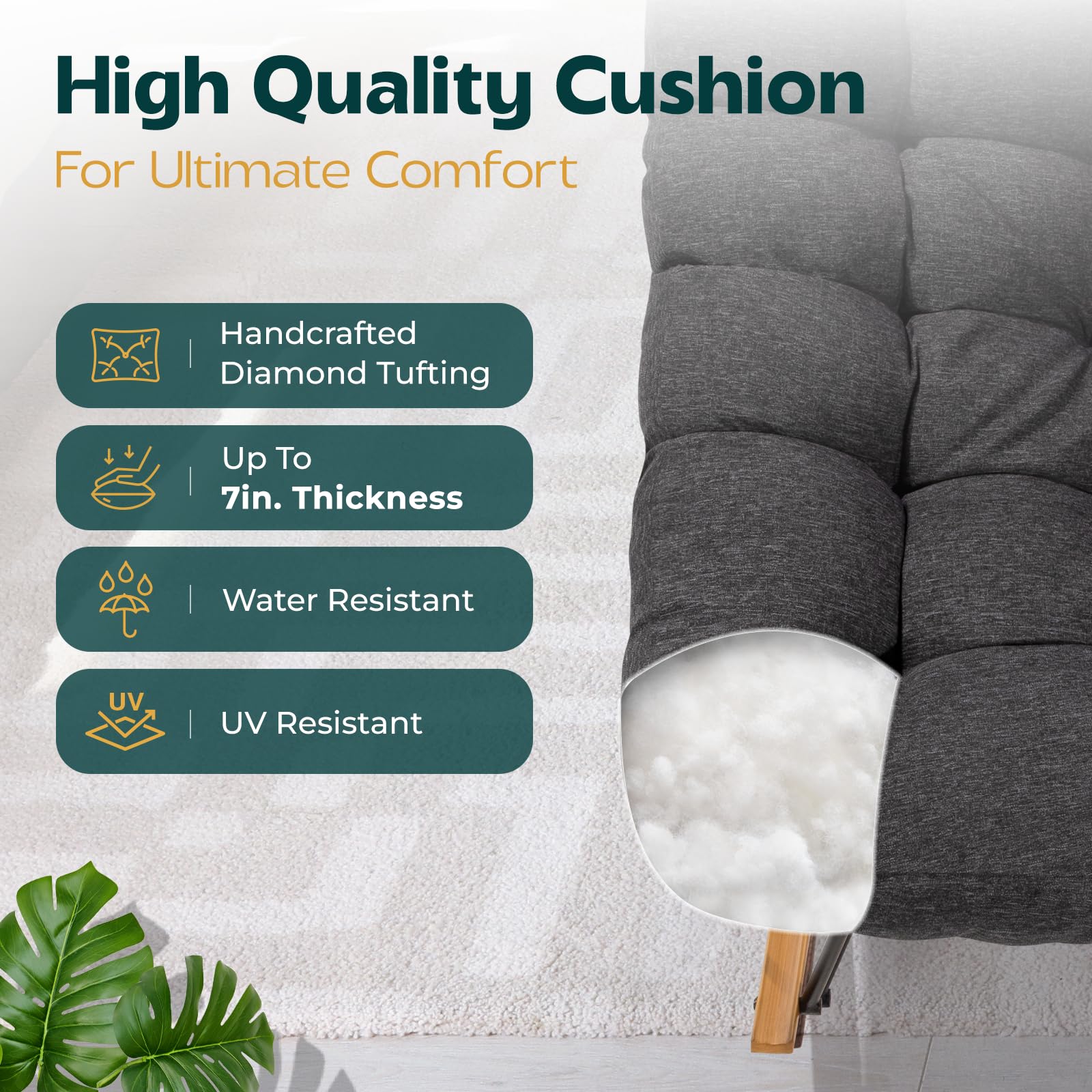 Bme Patio Rocking Chair - Indoor/Outdoor Metal Rocker with Thick Cushion, Modern Comfortable Lounge Chair for Living Room, Porch, Backyard - Grey Wood Texture Cushion | Perfect for Relaxing, Reading & Sunbathing