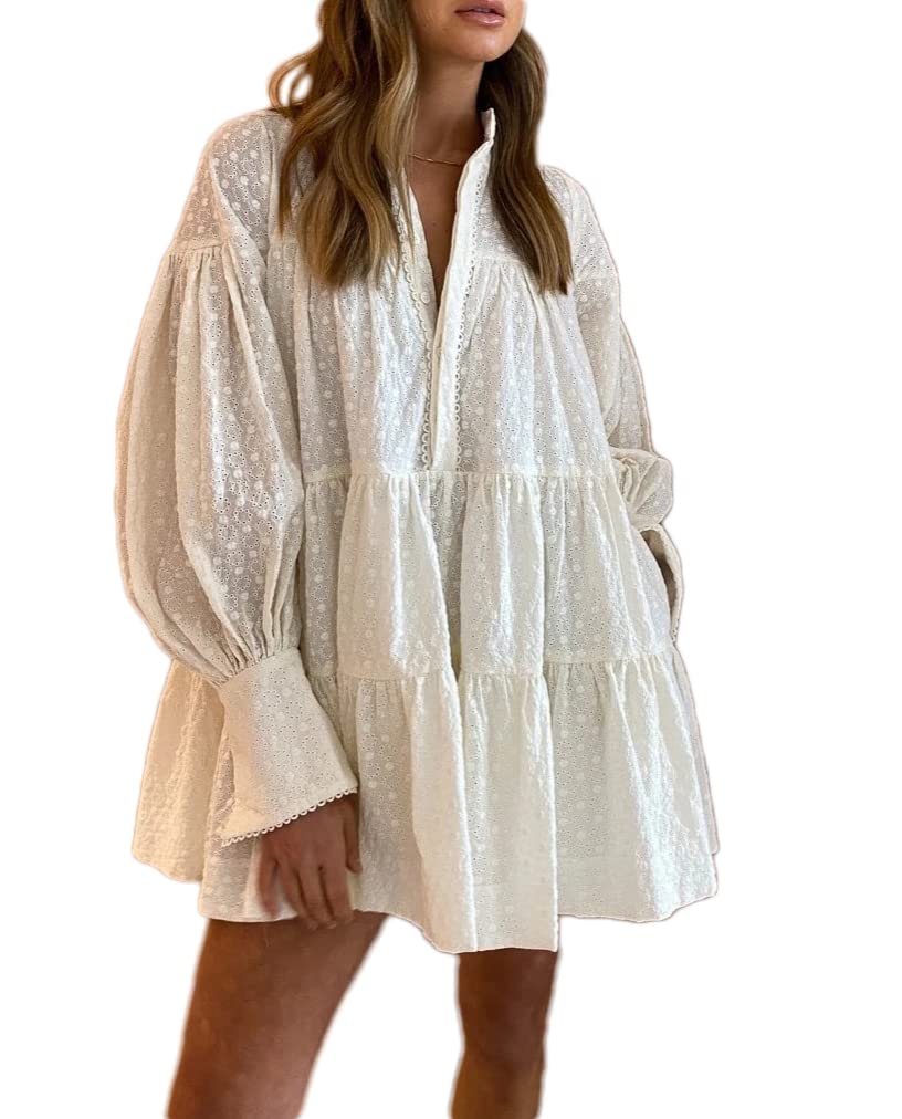 Aofur Women's Summer Cotton V-Neck Long Sleeve Loose Casual Party A-Line Dress with Embroidery - Perfect for Beach Vacations, Date Nights & Outdoor Events