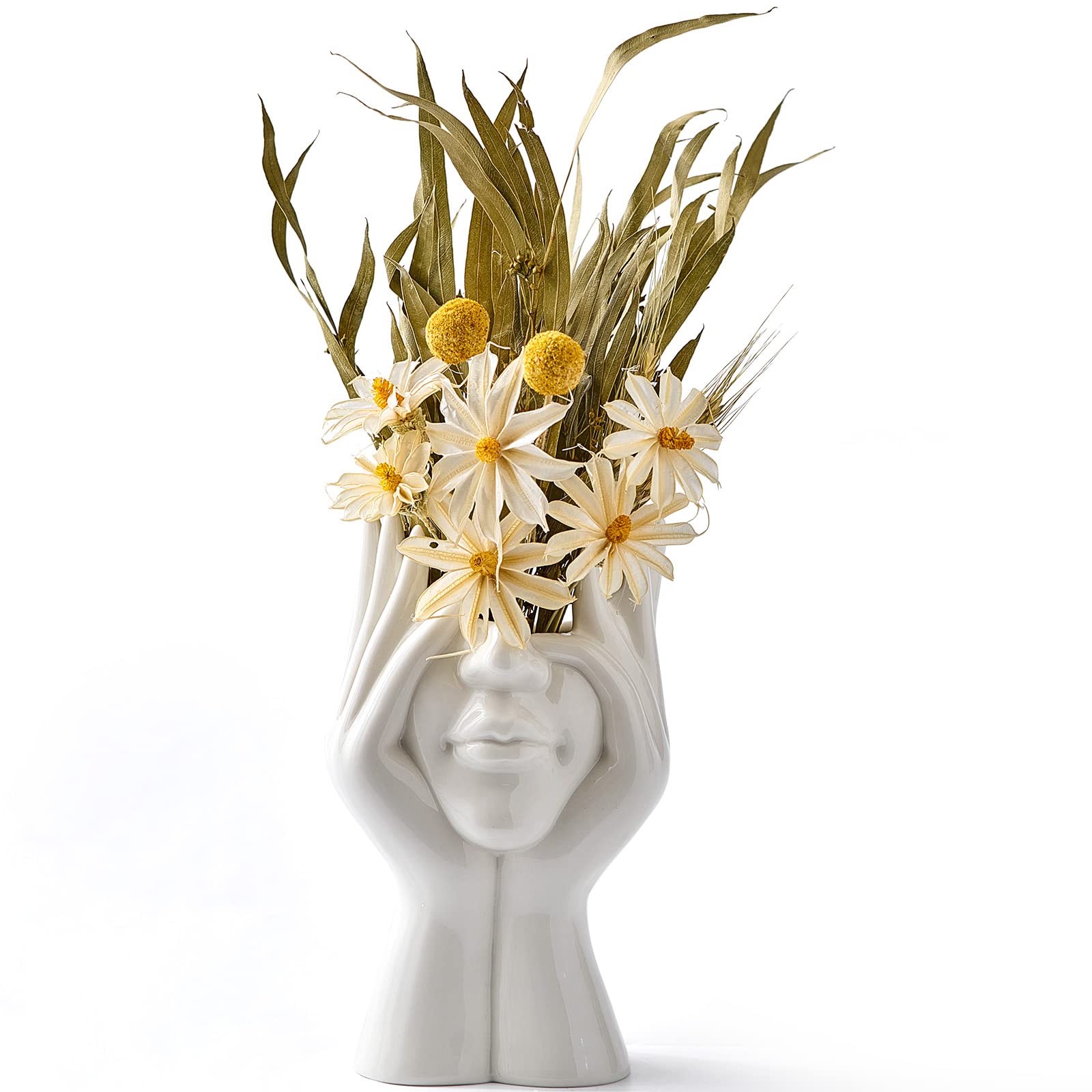FJS Ceramic Face Vases - Set of 3 White Modern Decorative Flower Vases for Home & Office Decor | Perfect for Table Centerpiece, Shelf Display in Living Room, Bedroom, or Workspace