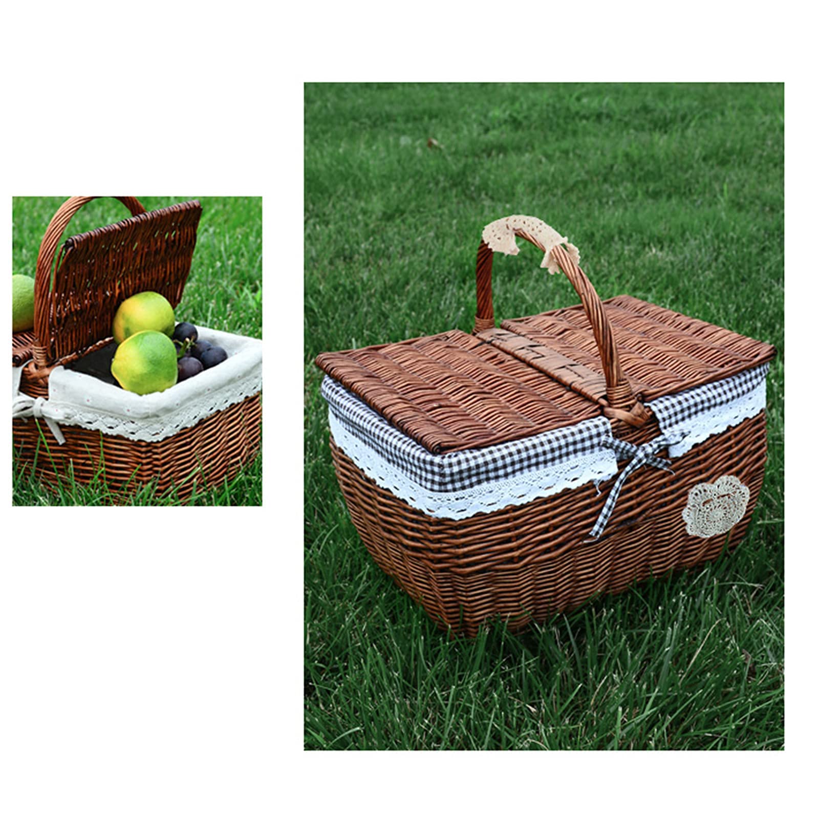 Handmade Willow Wicker Basket with Double Lids - Camping Picnic Storage Basket with Fabric Lining & Sturdy Outdoor Handle (Brown) - Perfect for Outdoor Adventures, Picnics, and Home Organization