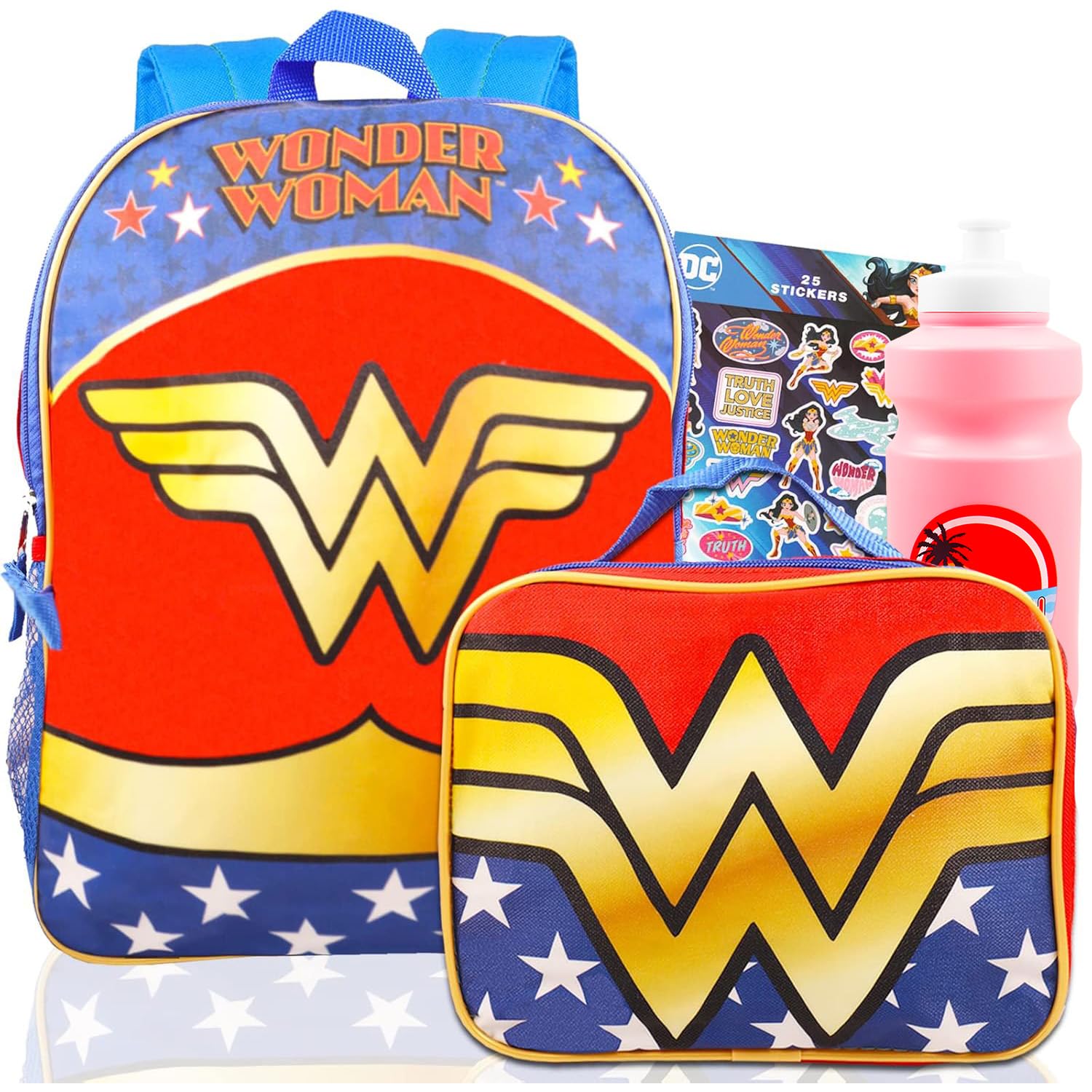**Wonder Woman Backpack and Lunch Box Set - 6-Piece Bundle with 16