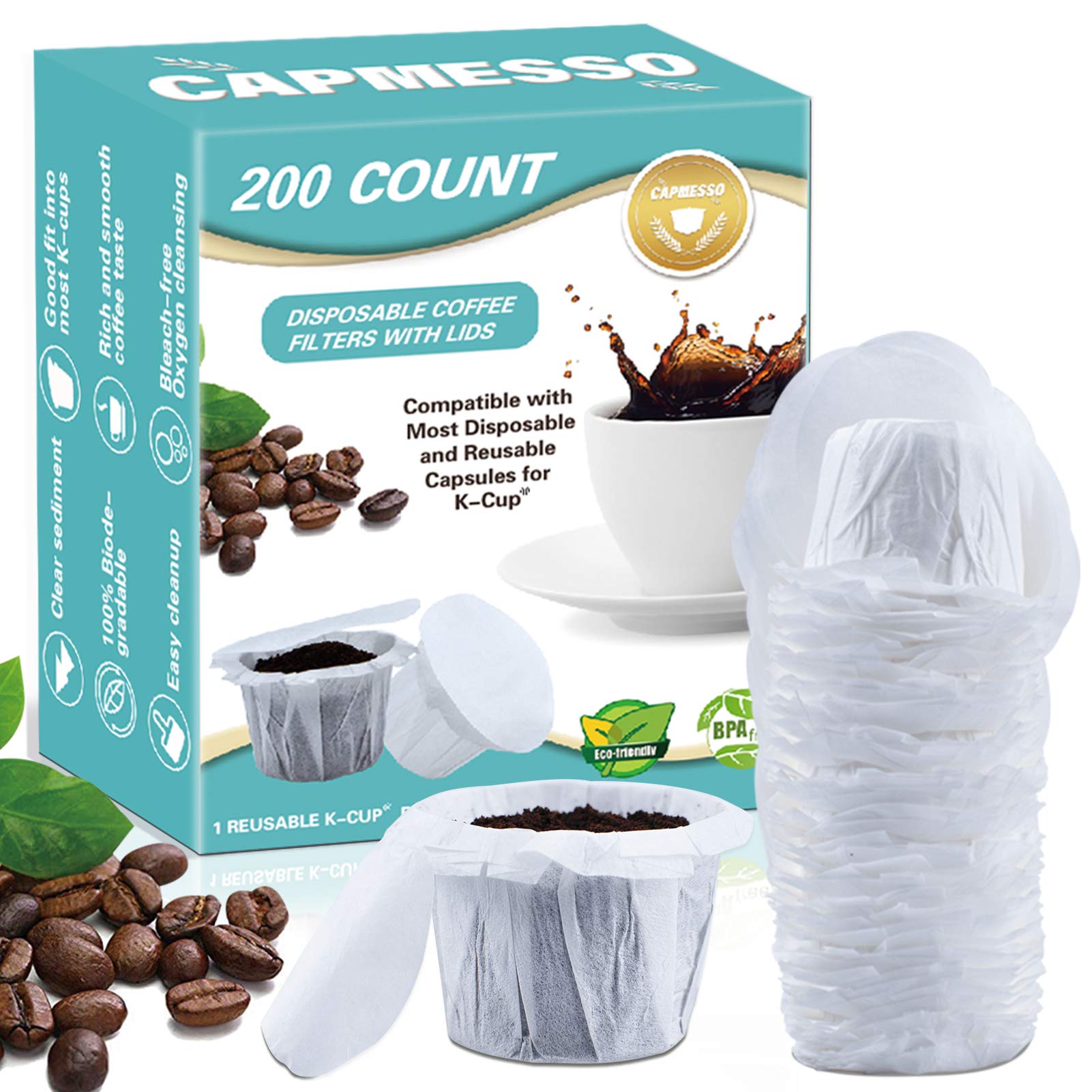 CAPMESSO 200-Pack Disposable Coffee Filters with Lid - Compatible with Keurig 2.0 & 1.0 Coffee Makers - Reusable Single Serve Pods Paper Filters (White) - Perfect for Home, Office, and Travel Use