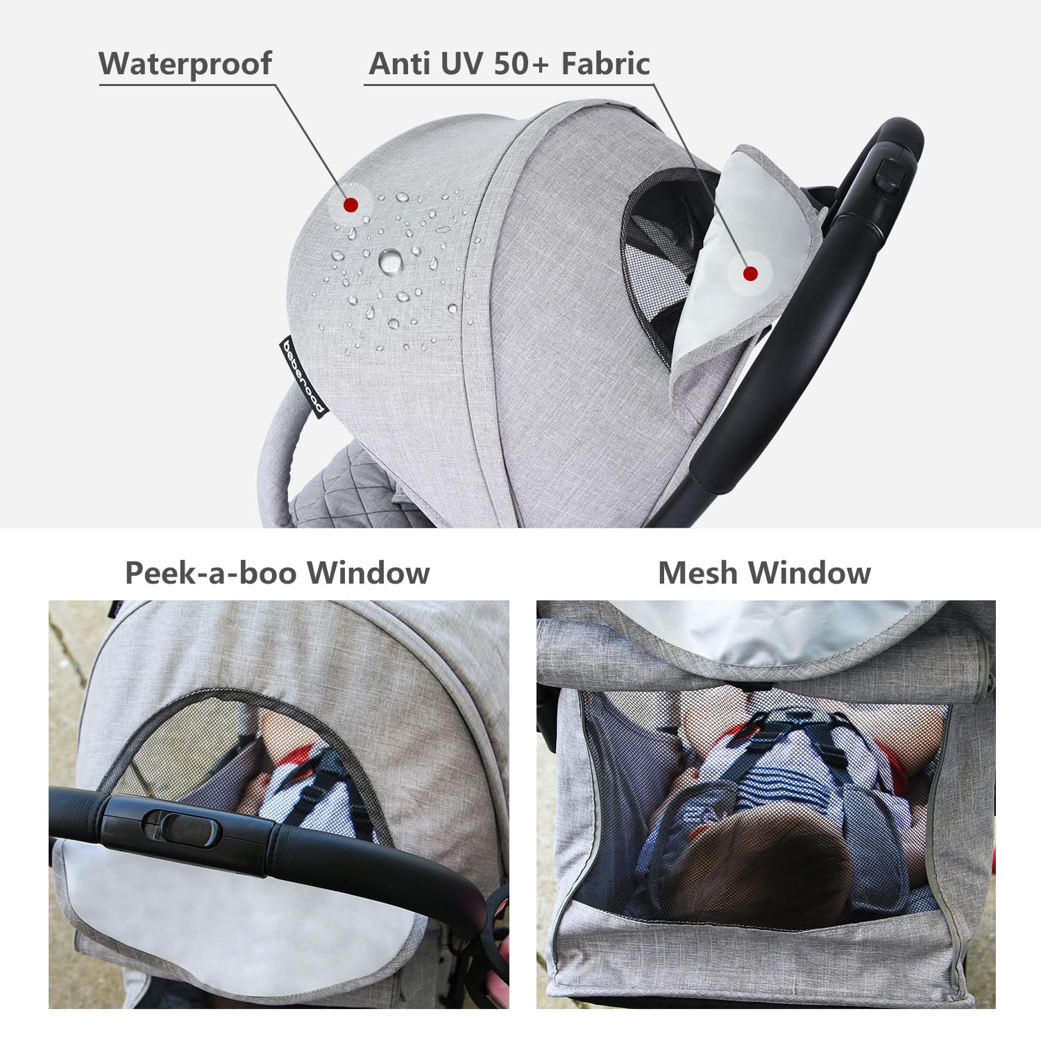 Beberoad Love R2 Compact Lightweight Foldable Travel Stroller for Baby & Toddler - Adjustable Backrest, Cup Holder, Waterproof Canopy - Perfect for Airplane Travel, Shopping & Outdoor Walks (Gray)
