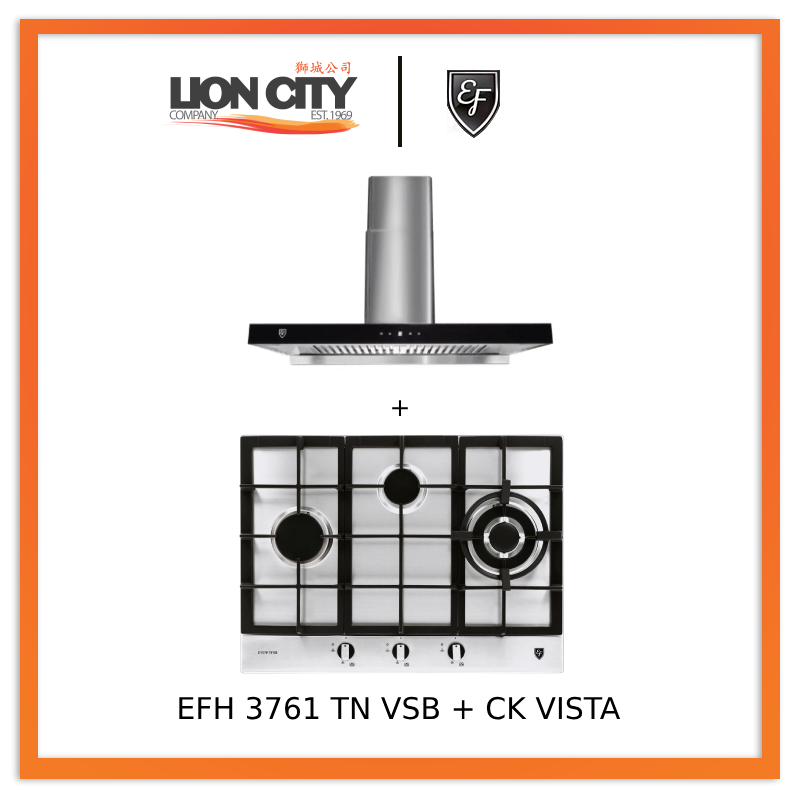 EF EFH 3761 TN VSB 68cm Built-in Stainless Steel Gas Hob with 90CM CK VISTA Cooker Hood - Premium Kitchen Appliances for Modern Homes, Perfect for Cooking, Baking & Entertaining
