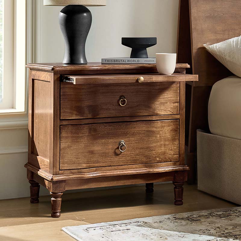 Solid Wood 2 Drawer Nightstand with USB Charging Ports, Pull-Out Shelf & Optional Styles - Modern Bedside Table for Bedroom, Guest Room & Small Spaces