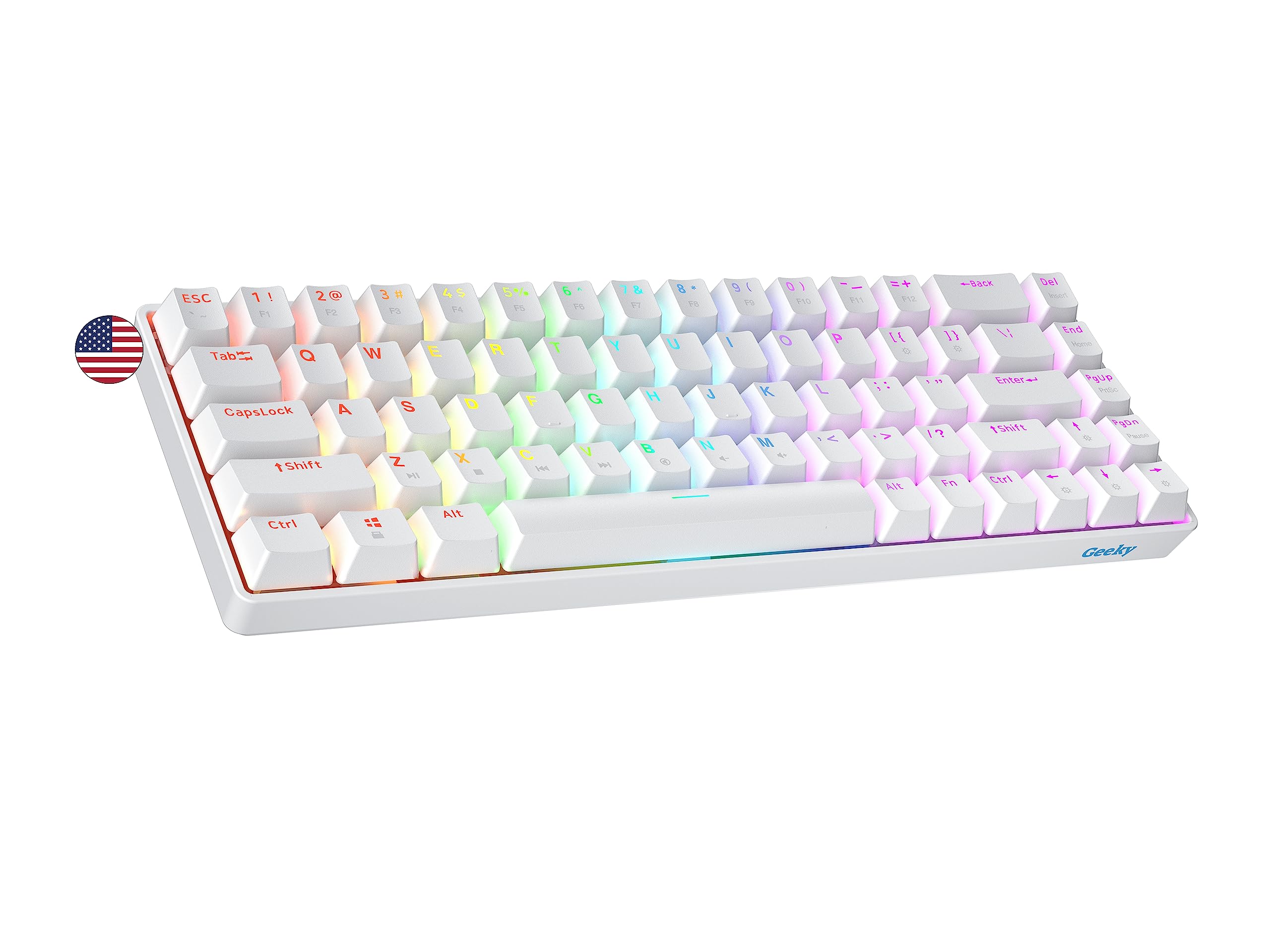 Geeky GK65 65% Hot Swappable Mechanical Gaming Keyboard - 68 Key RGB Backlit with Multi-Color LED for PC/Mac Gamers | ANSI US Layout (White, Speed Yellow Switches) - Perfect for Esports, Streaming, Office Work & Typing - Ideal for Gaming Setup, Home Office & Professional Workspace