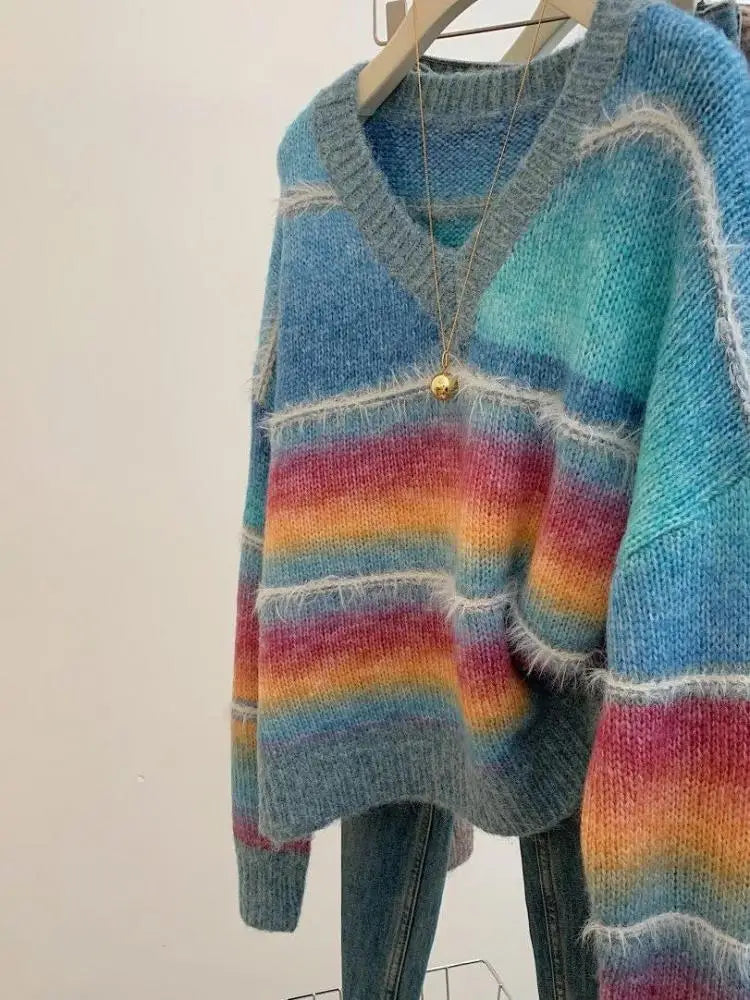 2024 Women's Rainbow Striped V-Neck Knit Sweater - Korean Fashion Loose Pullover for Autumn & Winter | Trendy Long Sleeve Top for Casual Wear, Office & Date Nights