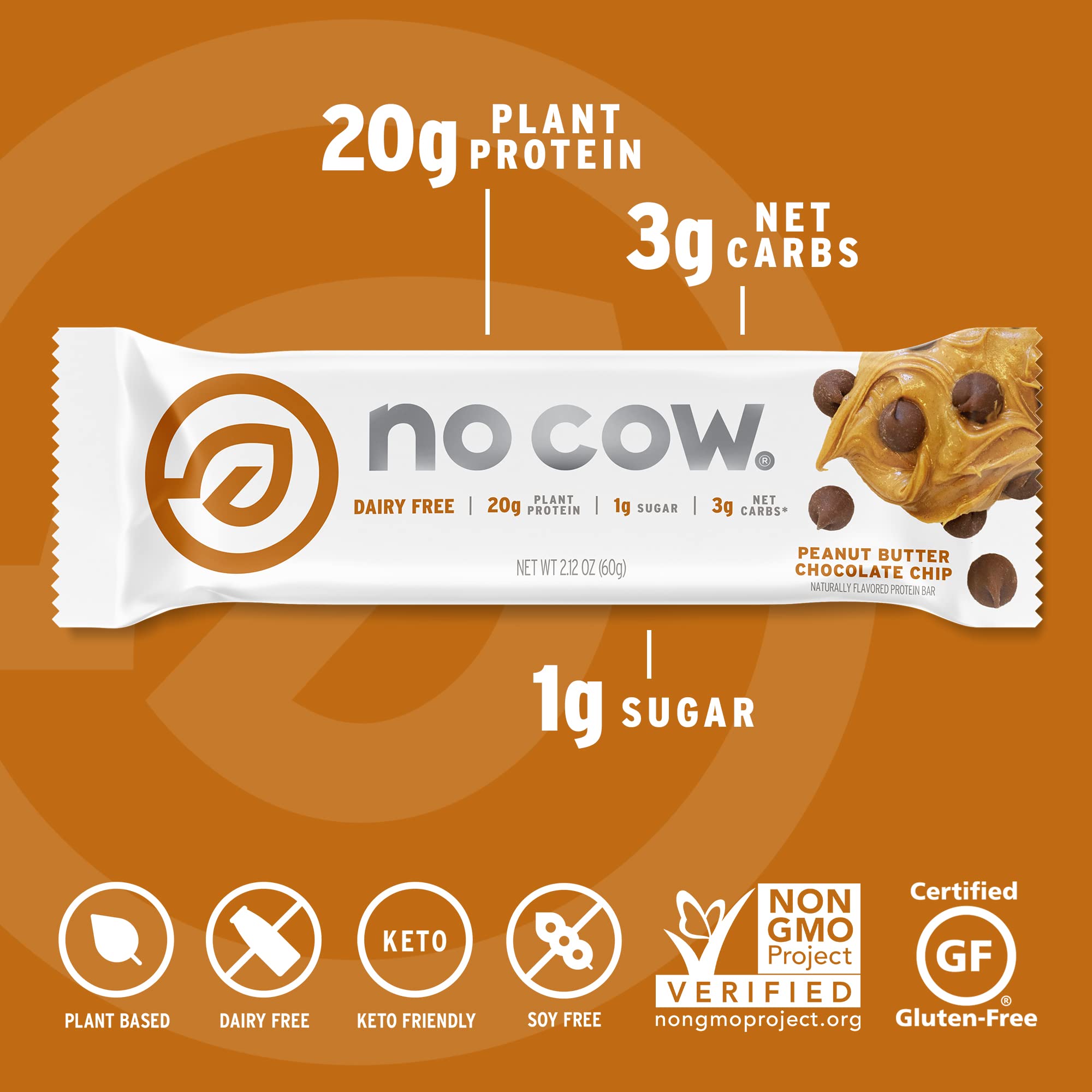 No Cow Protein Bars - Peanut Butter Chocolate, Vegan, Gluten-Free for Gym & Hiking