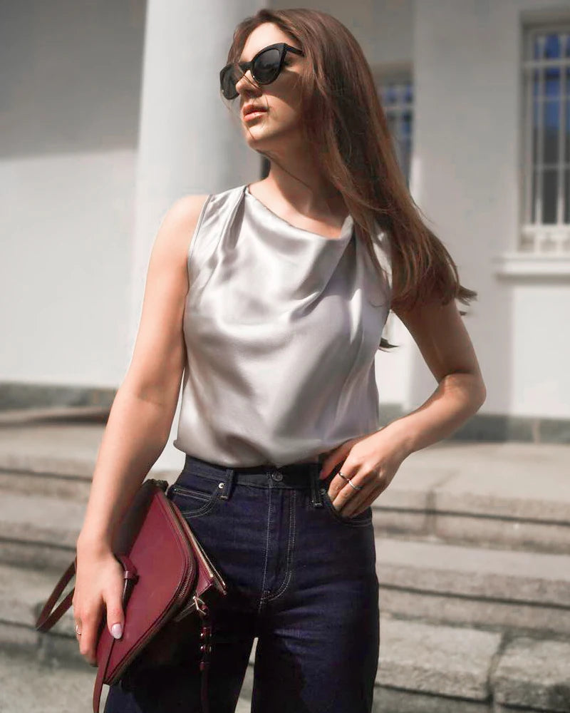 Sleeveless Silk Cowl Neck Blouse for Women - Elegant Summer Tops for Casual Wear, Office Outfits & Date Nights