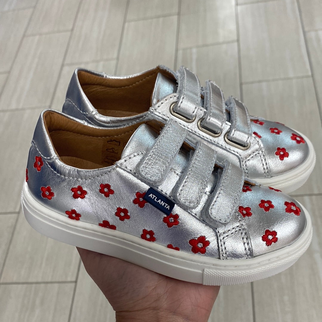 Atlanta Moccasin Slip-On Sneakers for Women - Silver & Red Floral Design with Velcro Strap - Comfortable Casual Shoes for Walking, Travel & Everyday Wear