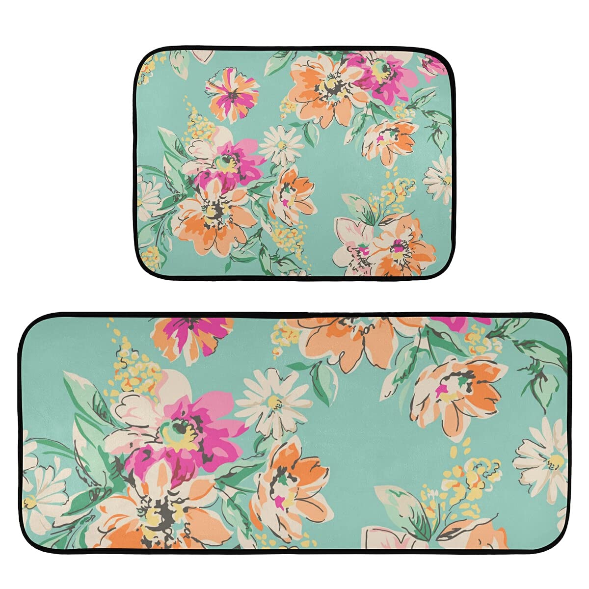 Non-Slip Washable Floral Kitchen Rugs Set of 2 - Sketched Bright Design Runner Mats for Kitchen Floor, Home, Sink & Laundry Room | Perfect for High-Traffic Areas & Spill Protection