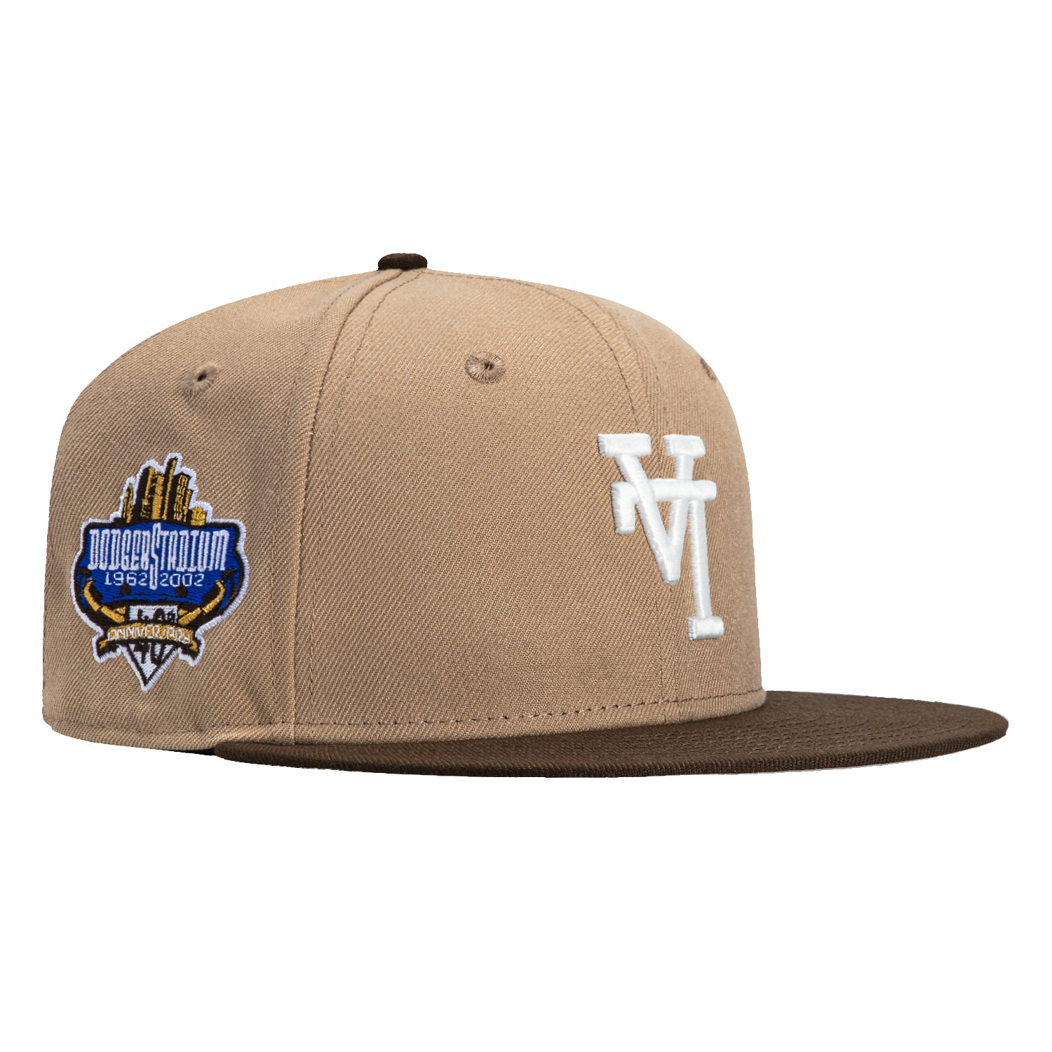 New Era 59Fifty Los Angeles Dodgers 40th Anniversary Snapback Hat with Upside Down Stadium Patch - Khaki & Brown - Perfect for Baseball Games, Sports Events and Streetwear Fashion