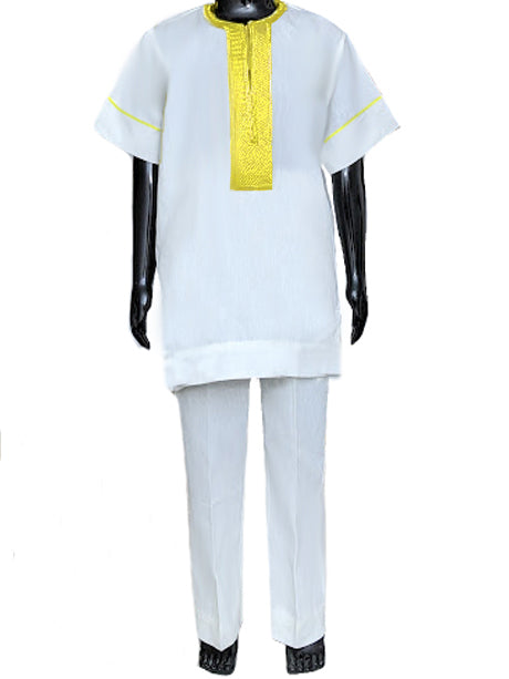 Embroidered Off-White & Gold African Dashiki Shirt with Pants Set | Traditional African Print | Men's Casual Wear for Parties, Weddings & Cultural Events