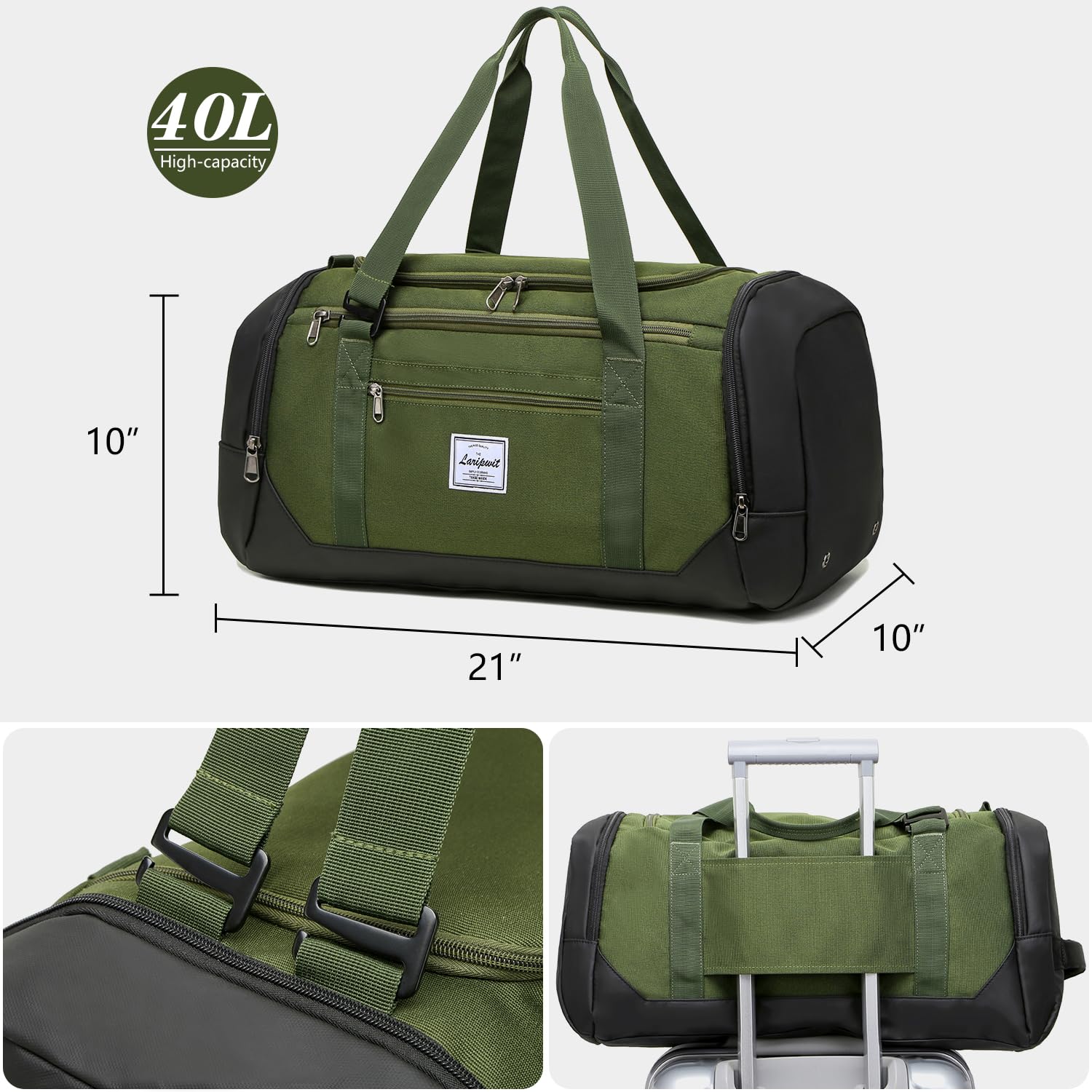 Laripwit 40L Lightweight Gym Bag for Men & Women - Durable Sports Travel Duffel Backpack with Shoe Compartment & Wet Pocket - Perfect for Gym, Workout, Travel & Overnight Trips - Green