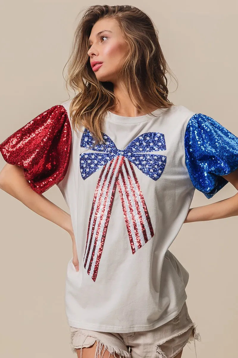 BiBi Sequin American Flag Bow Top - Patriotic Glamour for Women | Perfect for 4th of July, Independence Day & USA Themed Parties