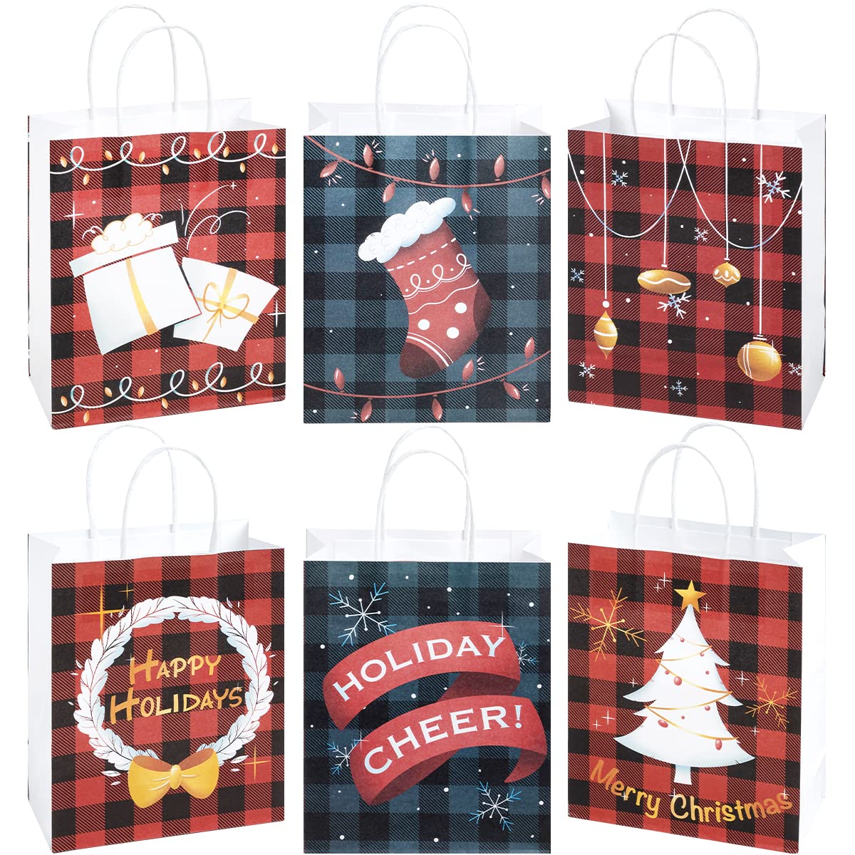 JOYIN 24-Piece Christmas Buffalo Plaid Gift Bags Set - 6 Festive Designs with Sturdy Handles for Holiday Parties, Candy Treats & Gift Wrapping | Perfect for Christmas Celebrations, Office Exchanges & Stocking Stuffers