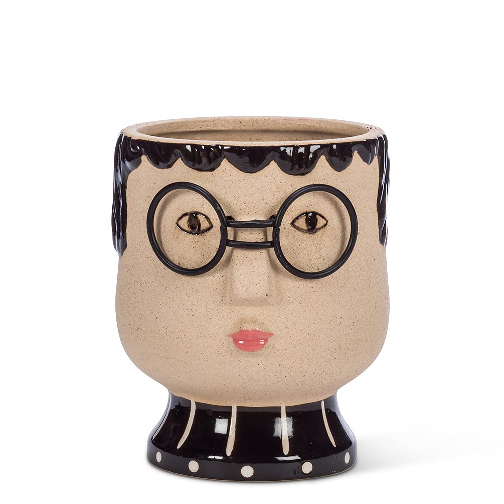 Abbott Collection 27-SPECS-046-MD Medium Face with Glasses Stoneware Metal Planter Pot, Beige/Black, 5.5