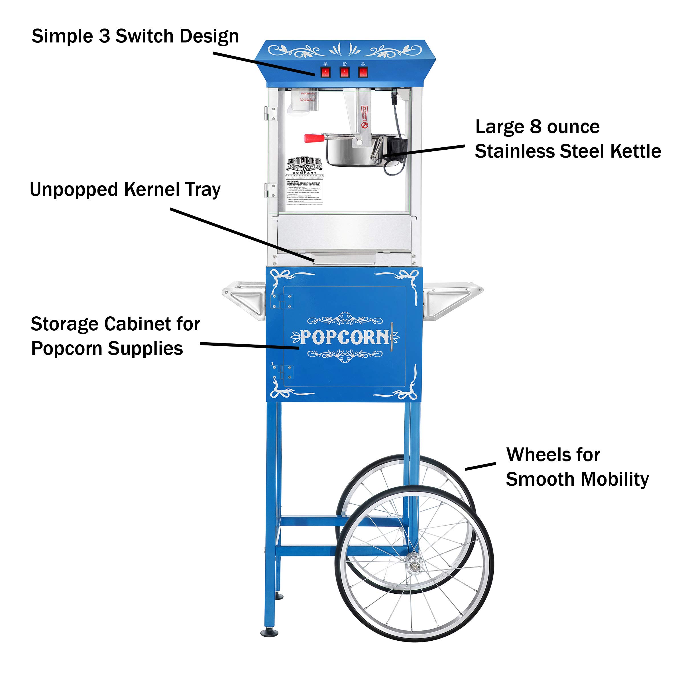 Great Northern Popcorn Commercial 8oz Popcorn Machine with Cart - Stainless Steel Kettle, Warming Light & Accessories - Perfect for Movie Nights, Parties & Concession Stands (Blue)