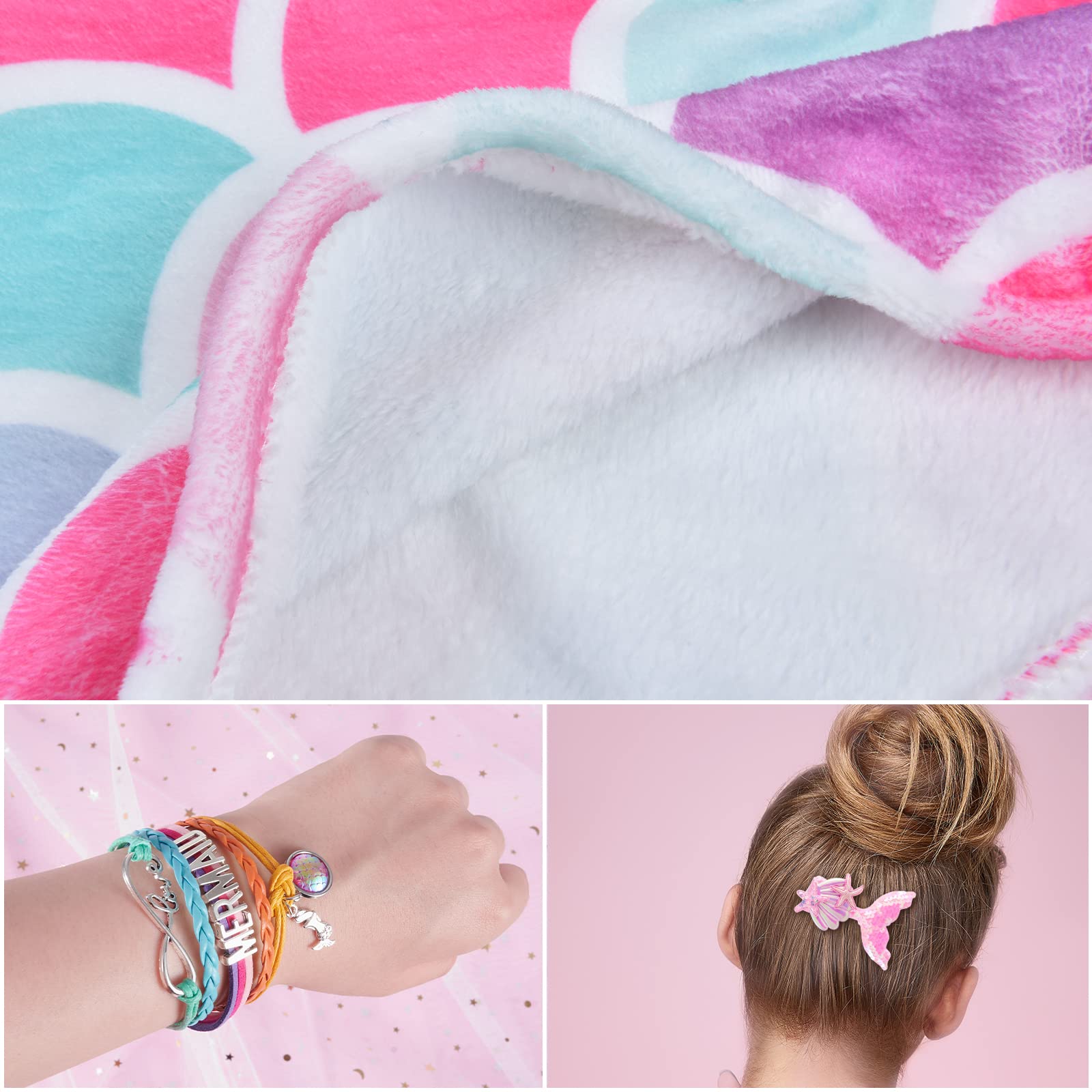 Mermaid Tail Blanket for Girls - Soft Flannel Wearable Blanket with Glitter Stars & Sequin Hairpin Bracelet, 55