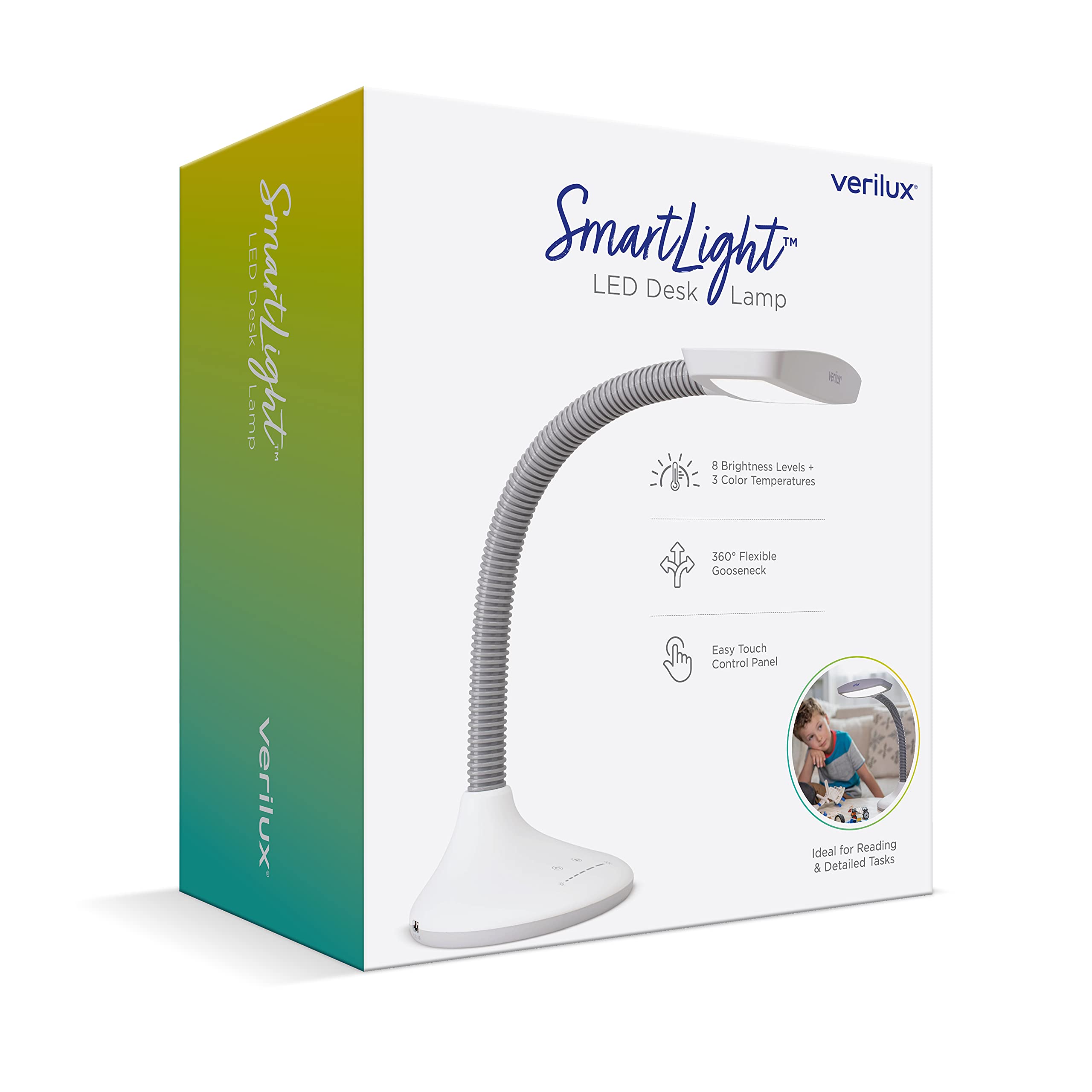 Verilux® SmartLight Full Spectrum LED Desk Lamp with Adjustable Brightness & Flexible Gooseneck - USB Charging Port, Eye Strain Relief for Reading, Artists, Crafts - Perfect for Home Office, Study & Workspace Lighting