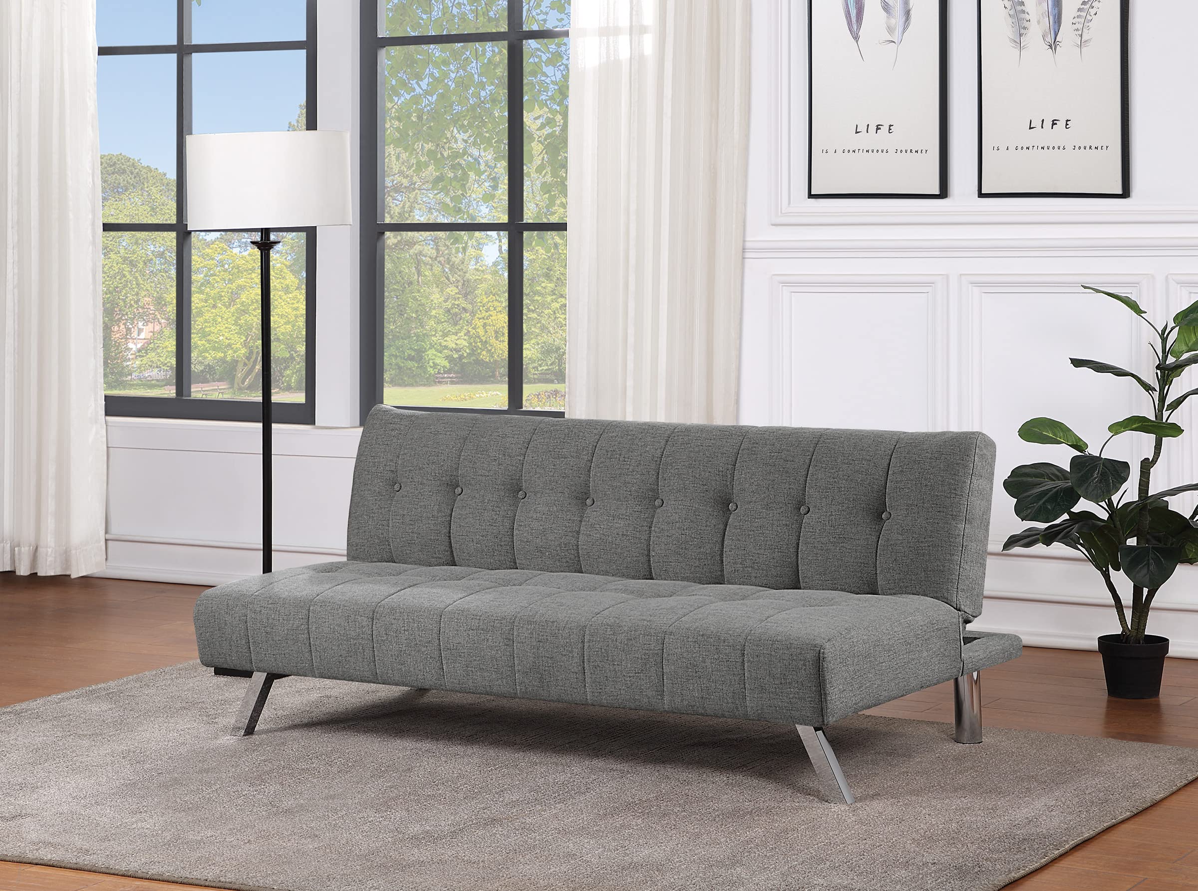 OSP Sawyer Convertible Futon Sofa Bed with Easy Lift Mechanism & Stainless Steel Legs - Grey Fabric for Living Room, Guest Room & Small Spaces