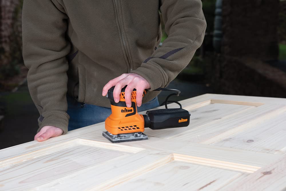Triton 200W Orbital Palm Sander with 1/4 Sheet - Powerful & Compact Sanding Tool for Woodworking & DIY Projects (Model TQTRSS-389621, Black)