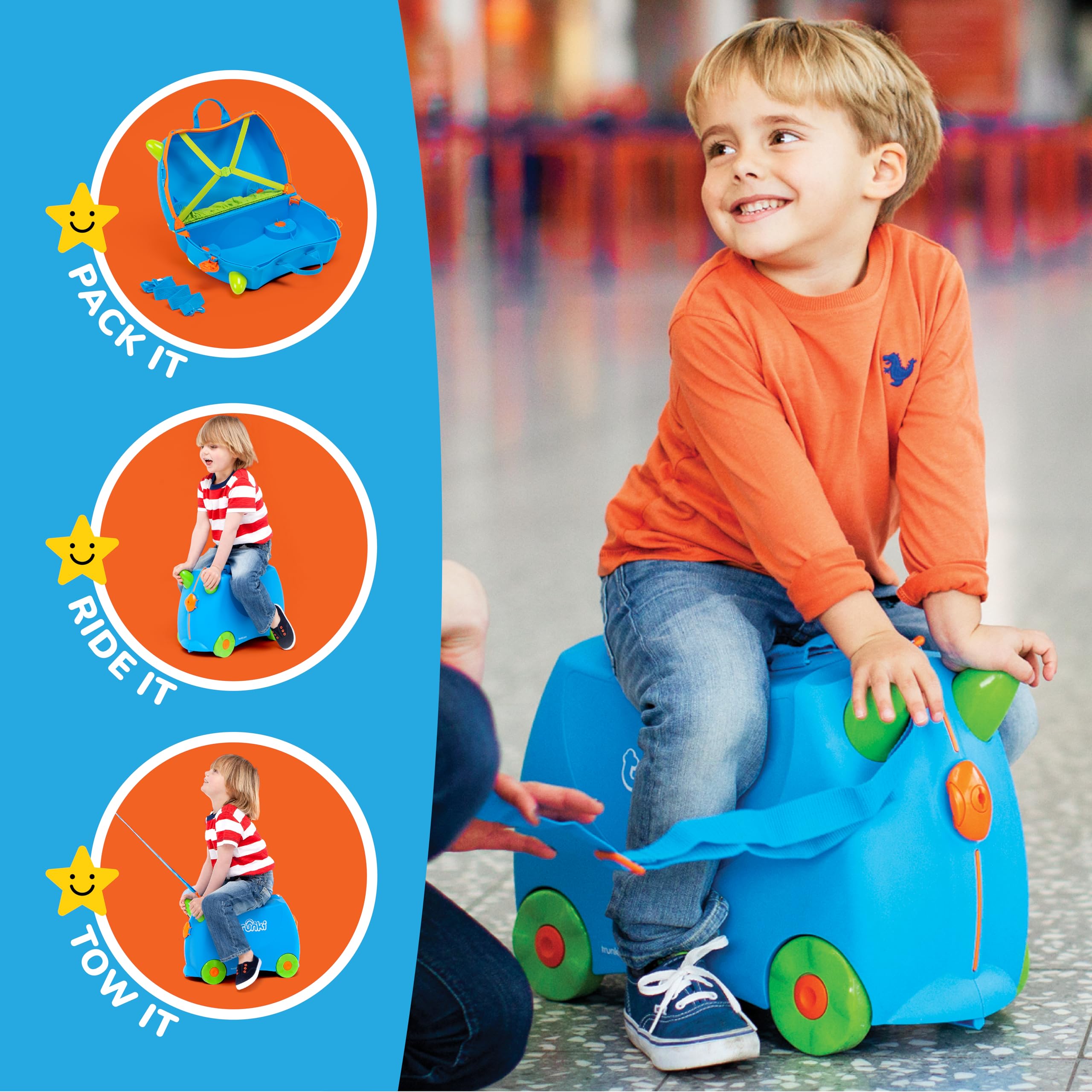 Trunki Ride-On Kids Suitcase - Toddler Luggage with Wheels, Carry-On Travel Bag for Boys & Girls - Airplane Essentials for Kids - Perfect for Family Trips, Airport Adventures & Playtime (Terrance Boy Blue)