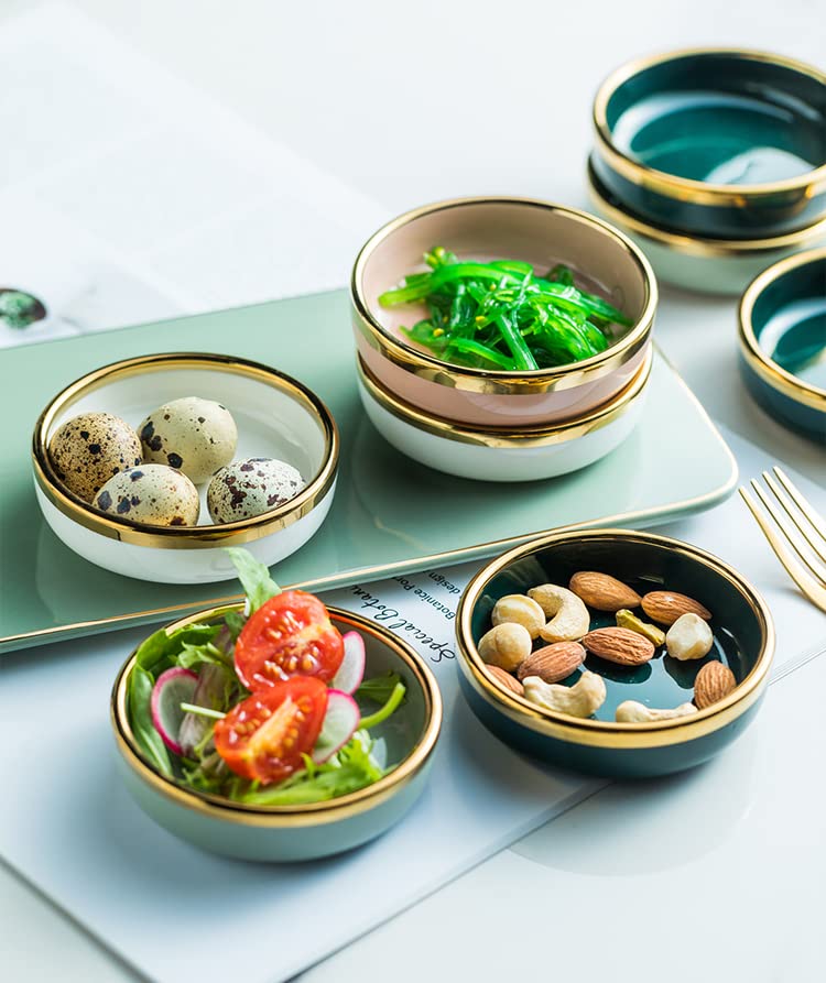 Elegant White Porcelain Side Dish Bowls - Matte Gold Trim, Set of 6 - Perfect for Soy Sauce, Seasonings & Dipping - Ideal for Sushi, Asian Cuisine & Dinner Parties