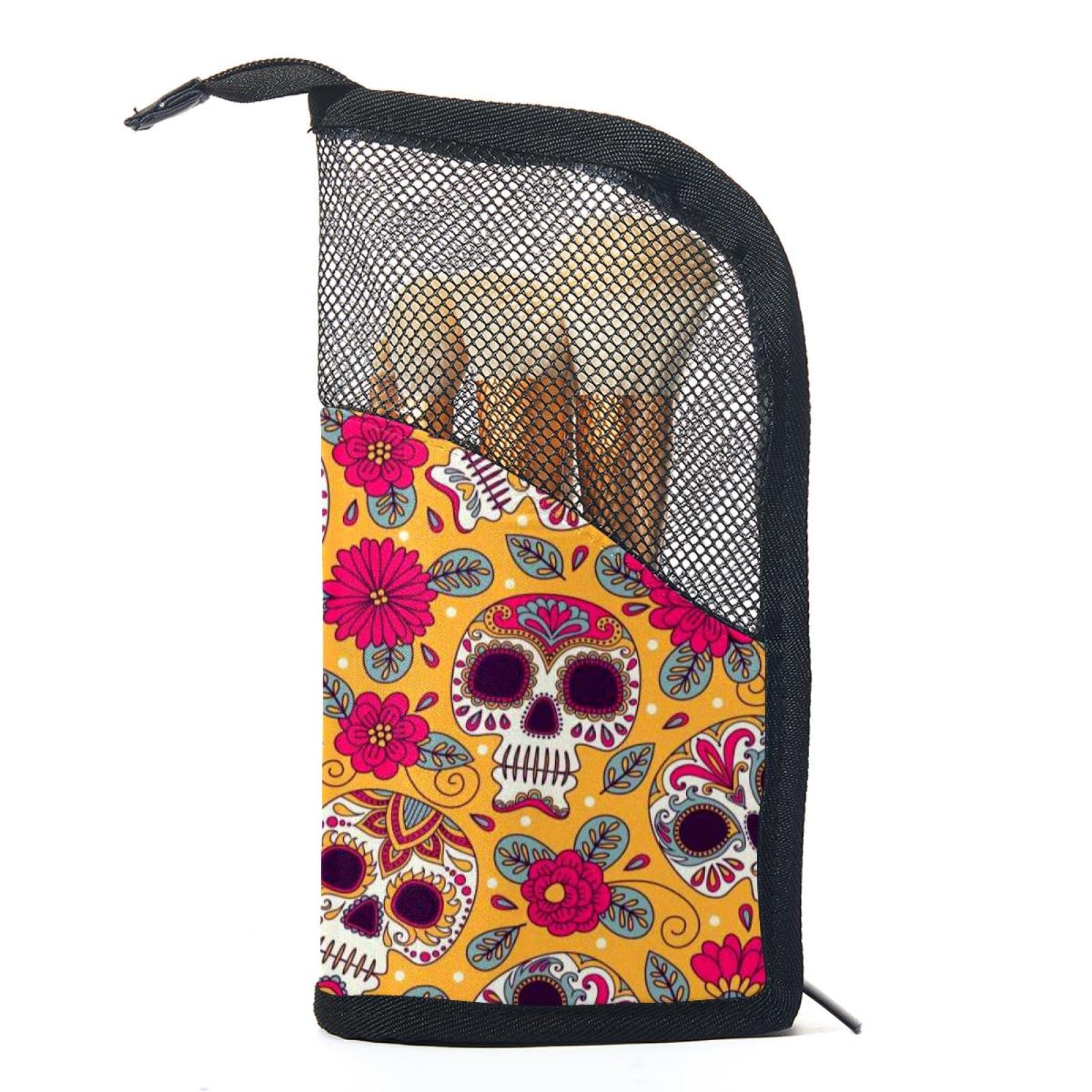 Portable Makeup Brush Organizer Bag with 12 Slots - Mexican Style Floral Skull Design - Perfect for Travel & Home Vanity Storage
