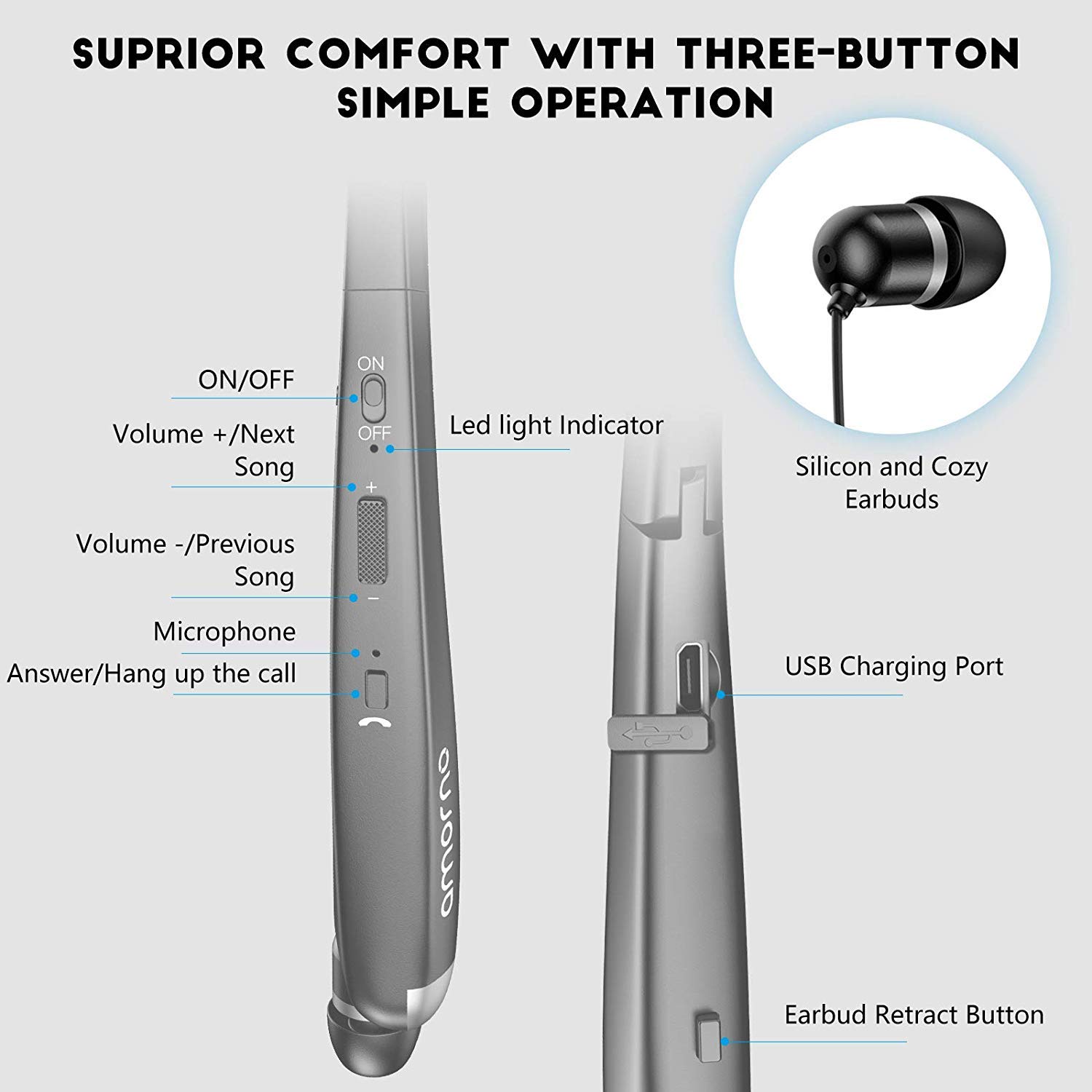 AMORNO Bluetooth Headphones Wireless - Foldable Neckband Headset with Retractable Earbuds, Sweatproof Noise Cancelling Stereo Earphones with Mic for Running, Gym & Travel (Grey)