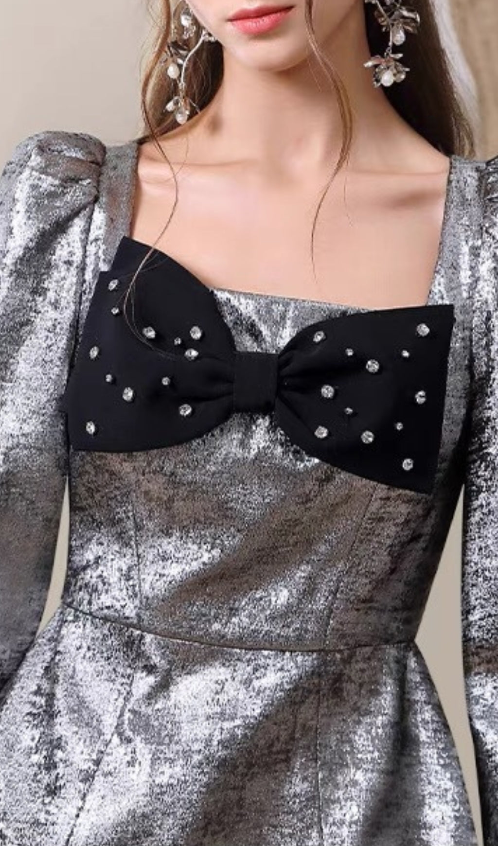 CAMREN Silver Long Sleeve Bow Mini Dress - Elegant Party Wear for Women, Perfect for Date Night, Cocktail Events & Special Occasions