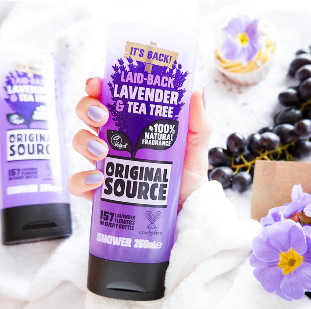 Original Source Shower Gel Set - 4 x 250ml with Fresh Sea Salt & Samphire, Zingy Lime, Sweet Rhubarb & Raspberry, Laid-Back Lavender & Tea Tree Fragrances - Natural Body Wash Combo Pack for Relaxing Bath & Refreshing Shower Experience