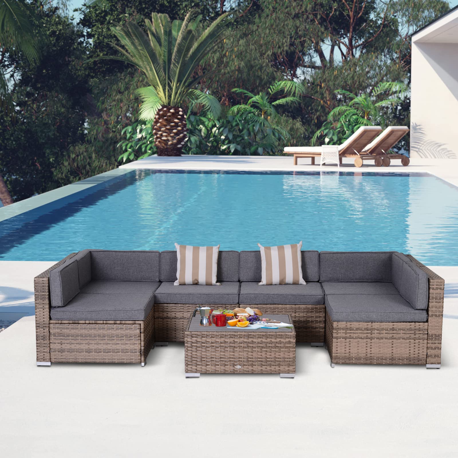 Outsunny 7-Piece Patio Furniture Set, All-Weather PE Rattan Outdoor Sectional Sofa with Cushions & Coffee Table - Perfect for Backyard, Garden, Poolside, and Patio Relaxation