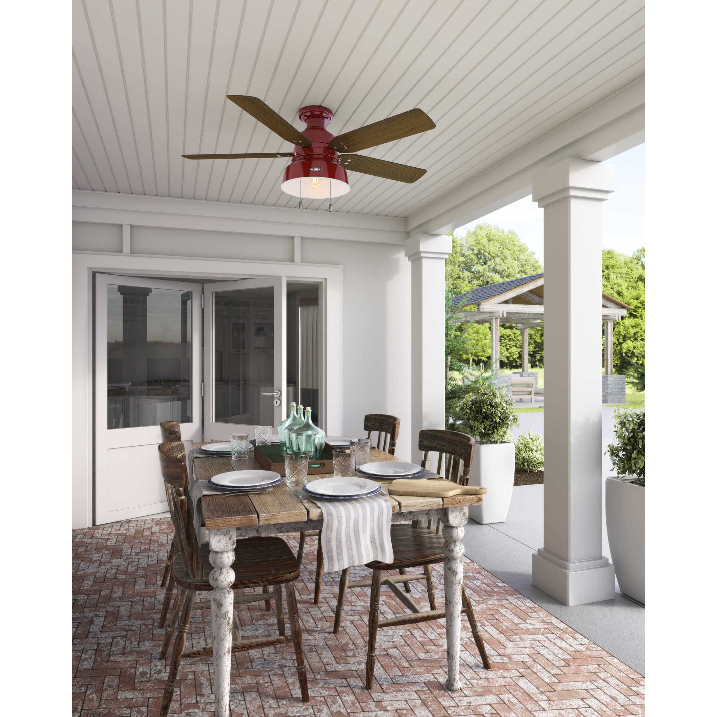 Hunter 59312 52 Inch Mill Valley Ceiling Fan with Light Kit - Large Barn Red Indoor/Outdoor Ceiling Fan for Living Room, Bedroom, Patio & Covered Porch