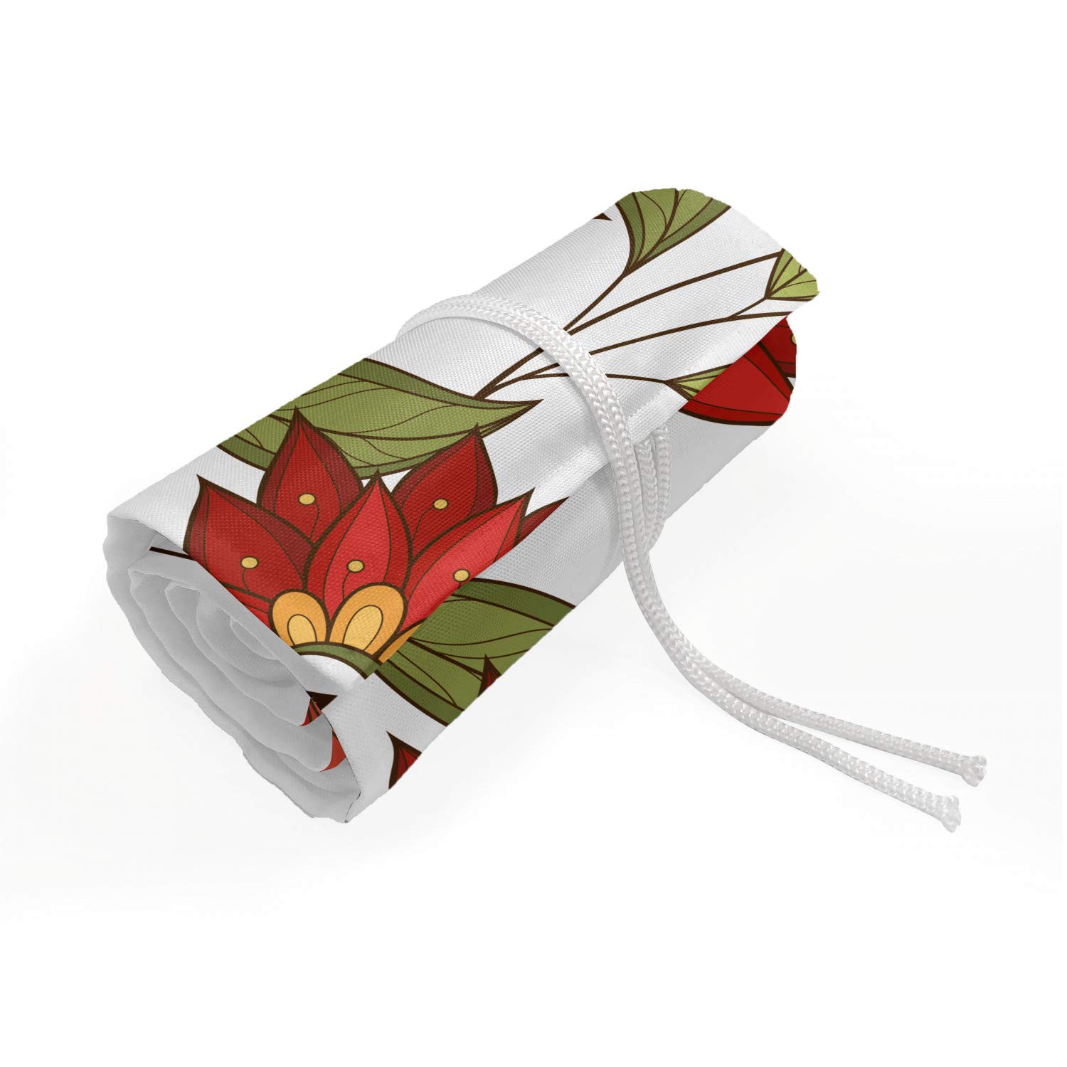 Ambesonne Floral Roll Up Pencil Holder - 36 Loop Artist Organizer for Drawing Pencils, Paint Brushes & Art Supplies - Flowers & Leaves Design in Vermilion Olive Green - Perfect for Students, Artists & Office Use