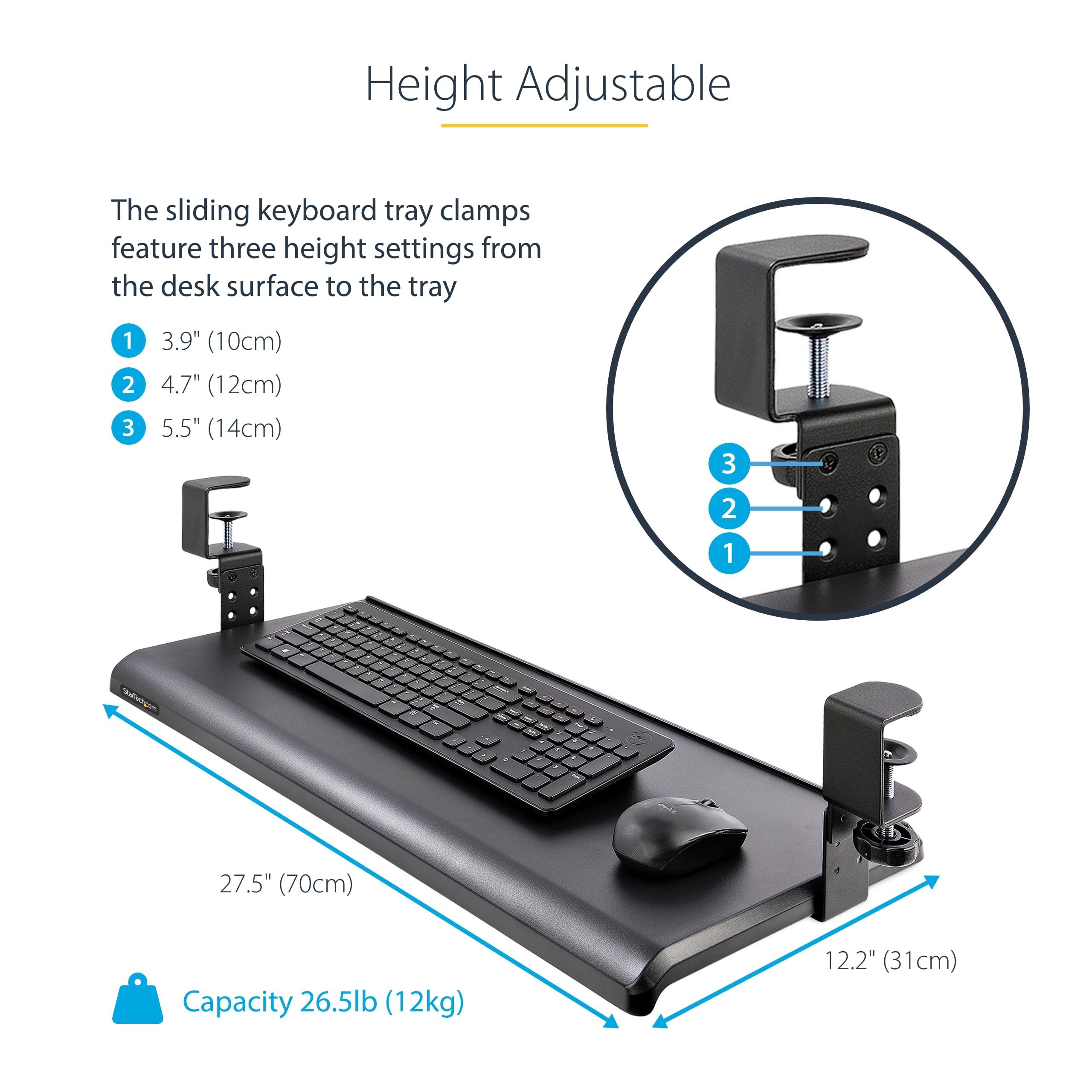 StarTech.com Under Desk Keyboard Tray - Ergonomic Clamp-On Keyboard Holder with Adjustable Height & Sliding Drawer for Mouse (Supports Up to 26.5lbs/12kg) | Perfect for Home Office, Gaming Setup & Workspace Organization | TAA Compliant