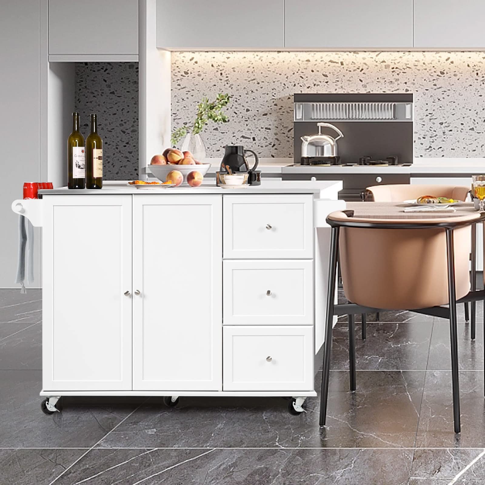 GOFLAME Stainless Steel Kitchen Island Cart with Wheels - Mobile Kitchen Cart with Storage Shelves & Towel Rack - Rolling Kitchen Trolley for Dining Room, Home Kitchen & Restaurant Use (White) - Perfect for Food Prep, Serving & Extra Counter Space