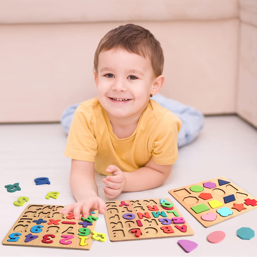 Wooden ABC Alphabet Number Shape Puzzles for Toddlers - 3 in 1 Educational Learning Toys for Kids Boys Girls | Montessori Toys for Early Childhood Development & Homeschooling Activities