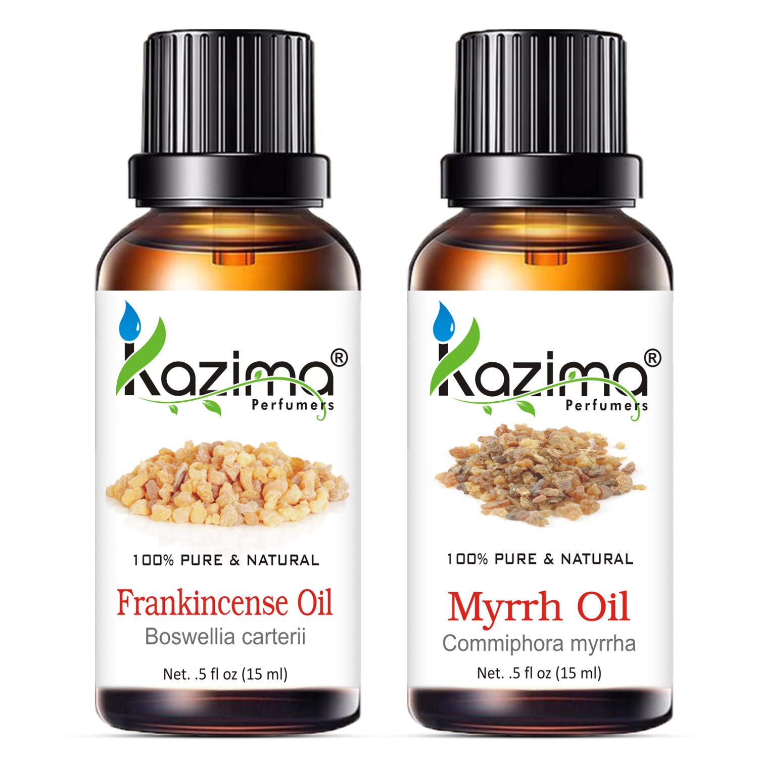 KAZIMA Frankincense & Myrrh Essential Oil Set - 100% Pure Therapeutic Grade for Skin Care, Acne Scars, Gum Health, Hair Growth & Relaxing Body Massage - 15ml Each Bottle - Perfect for Aromatherapy, DIY Beauty & Spa Treatments