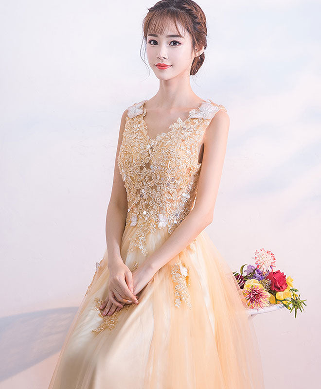 Elegant Champagne Tulle Lace Long Prom Dress - A-Line Evening Gown for Formal Dances & Special Occasions | Perfect for Homecoming, Prom Night & Black Tie Events